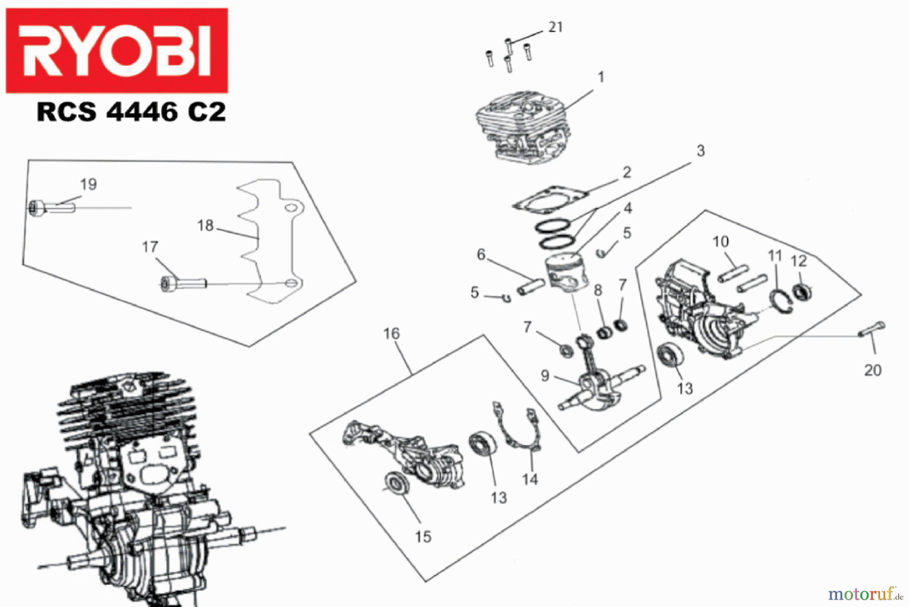  Ryobi Kettensägen Benzin RCS4446C2 Kurbelwelle, Zylinder