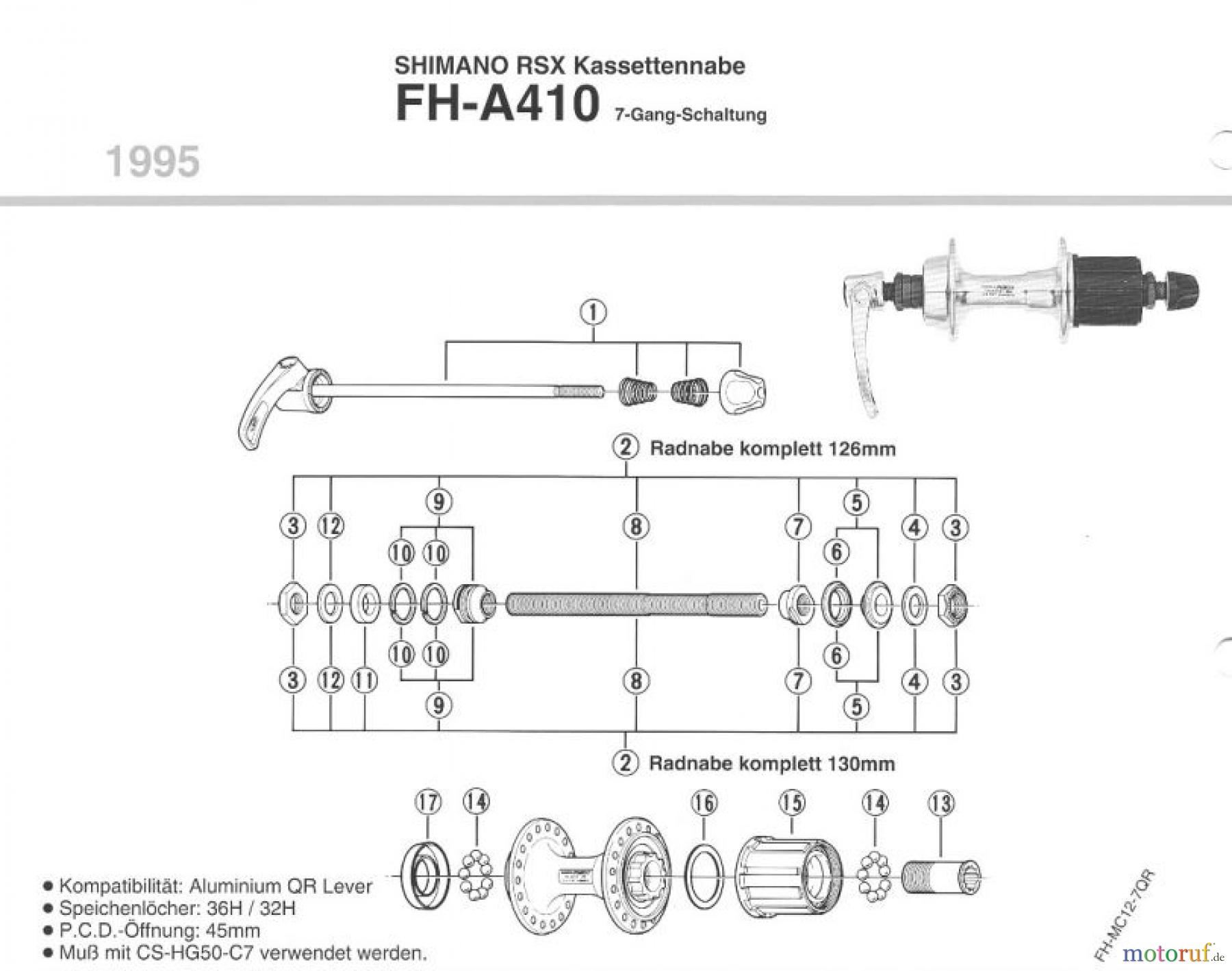  Shimano FH Free Hub - Freilaufnabe FH-A410 Shimano RSX Kassettennabe 7-fach