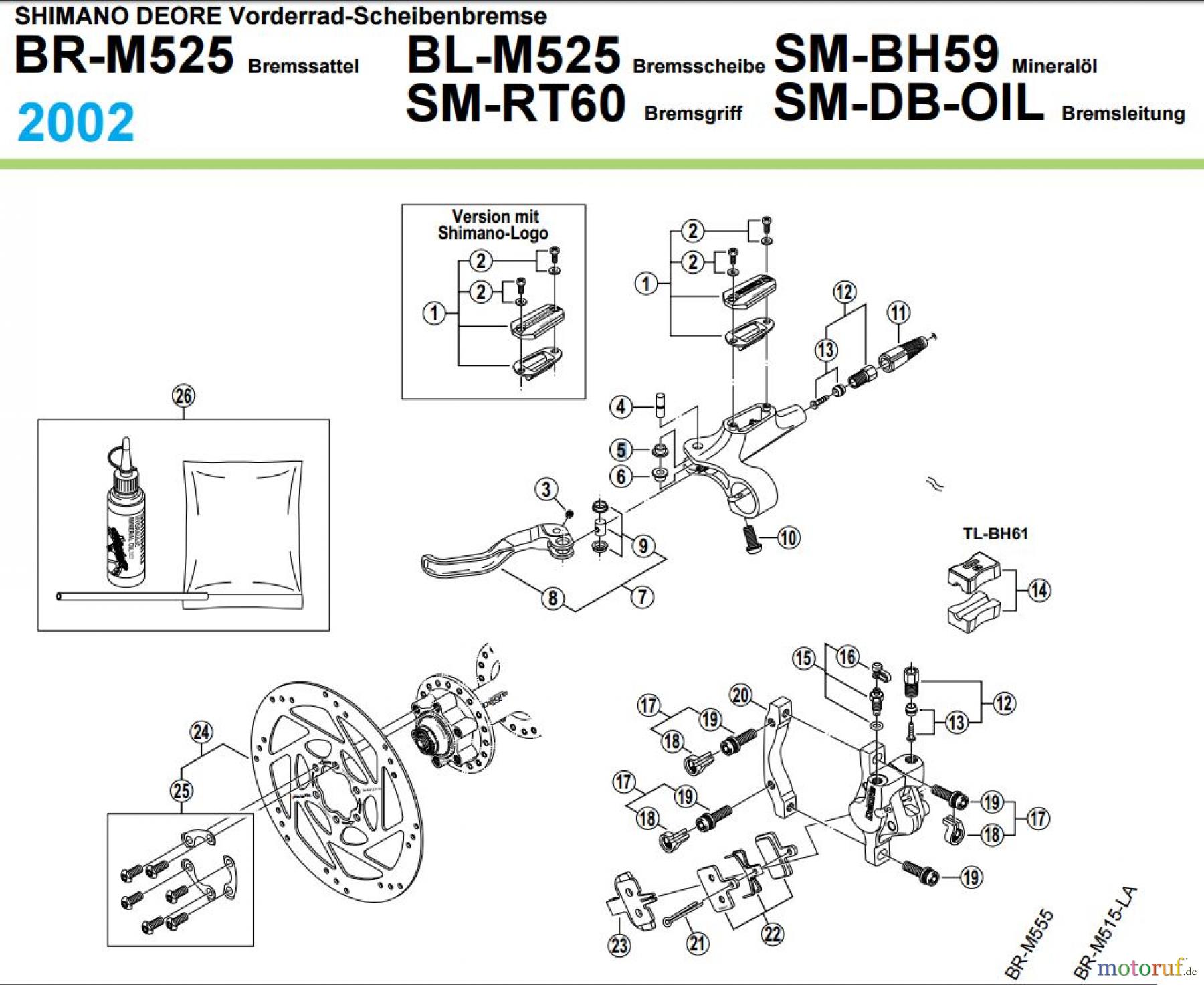  Shimano BR Brake - Bremse BR-M525, BL-M525 von 2002 SHIMANO DEORE Vorderrad-Scheibenbremse