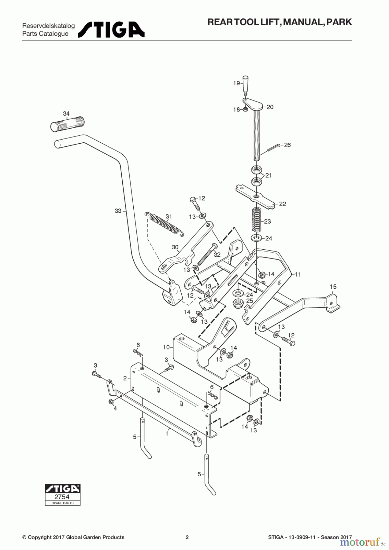  Stiga Frontmäher Zubehör Anbau 2017 Front Mower REAR TOOL LIFT, MANUAL, PARK 13-3909-11 - Season 2017