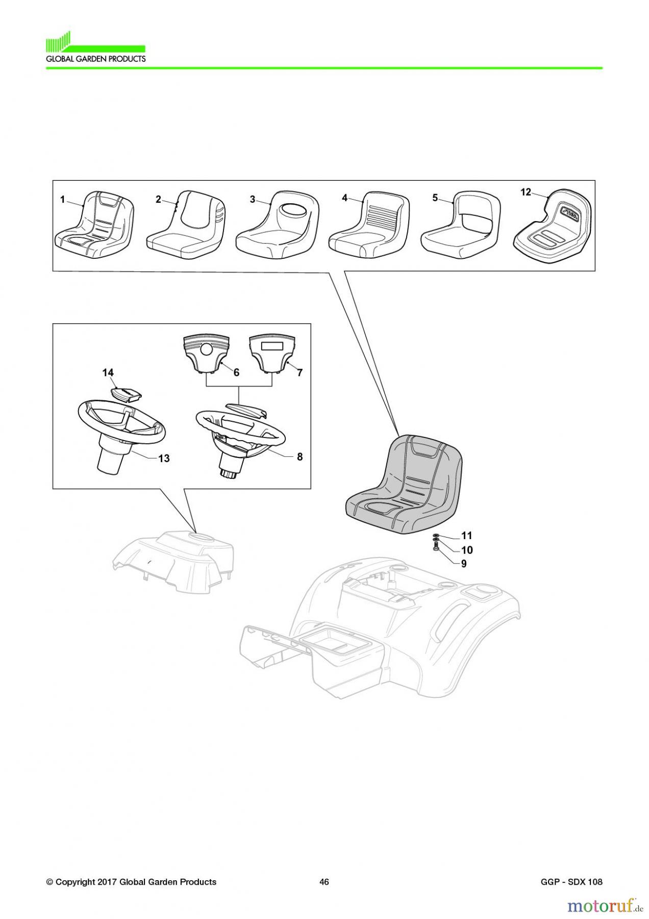  Global Garden Products GGP Aufsitzmäher Seitenauswurf 98-108cm 2017 SDX 108 Seat & Steering Wheel