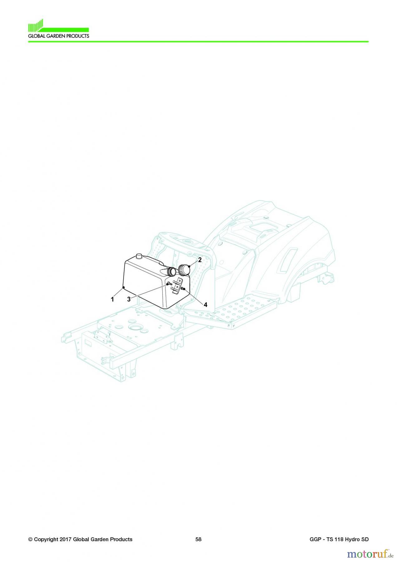  Global Garden Products GGP Aufsitzmäher Seitenauswurf 108-118cm 2017 TS 118 Hydro SD Front Fuel Tank - 8Lt with TNS Bonnet