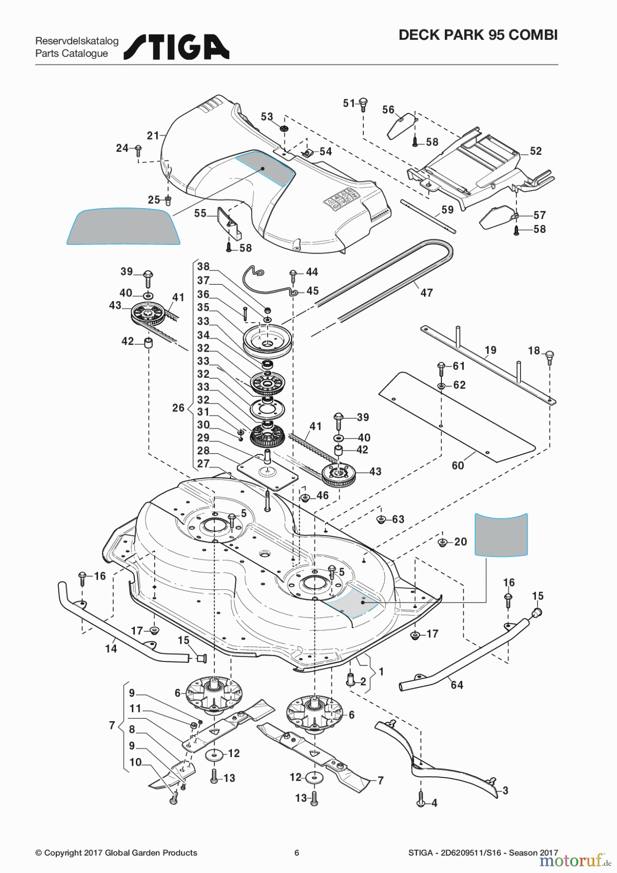  Stiga Frontmäher Mähdecks 2017 Deck Park 95 Combi 2D6209511/S16 - Season 2017 Transmission and Blades