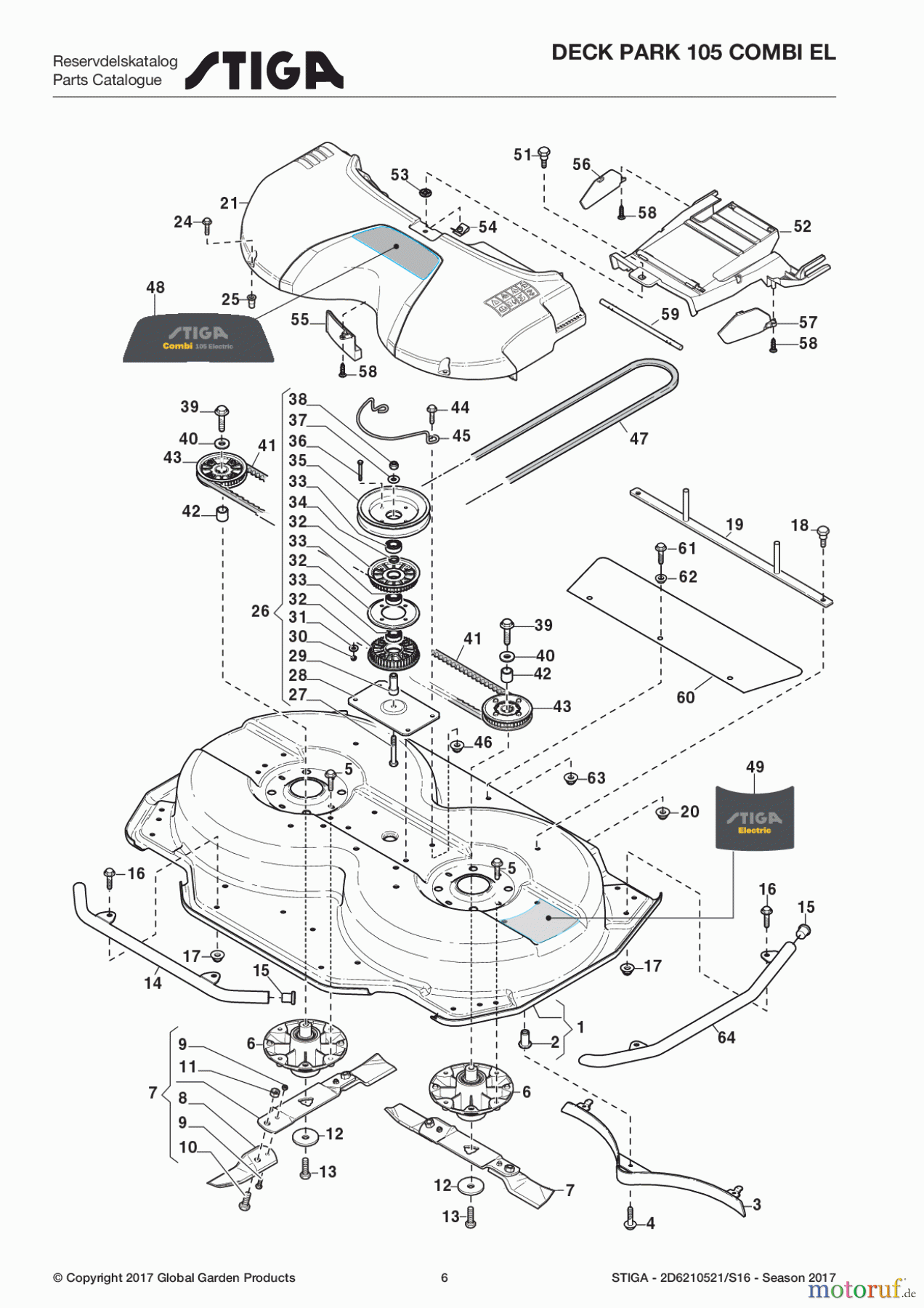  Stiga Frontmäher Mähdecks 2017 Deck Park 105 Combi EL 2D6210521/S16 - Season 2017 Transmission and Blades