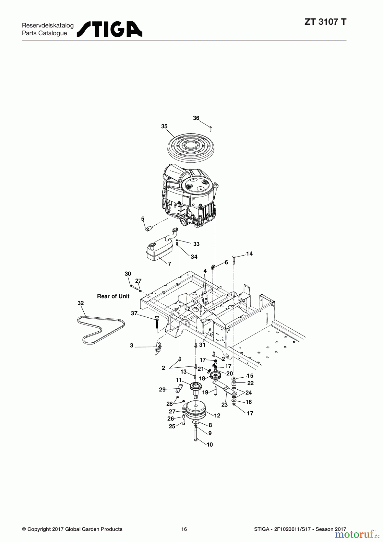  Stiga Frontmäher Zero Turn Mowers 2017 ZT 3107 T 2F1020611/S17 - Season 2017 Engine, Exhaust, Belts and Idlers