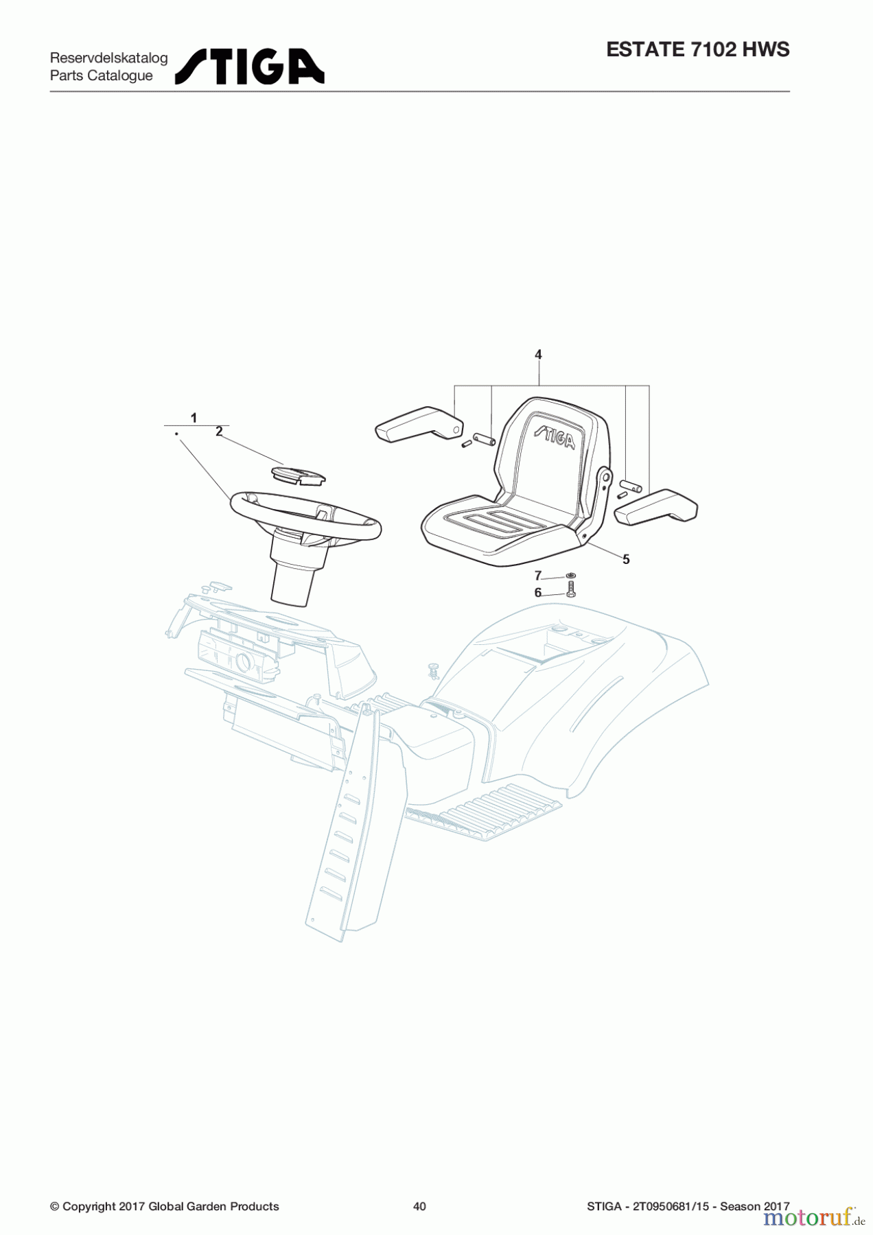  Stiga Rasentraktoren Estate, Tornado tractors 102 cm Sammelfunktion Baujahr 2017 ESTATE 7102 HWS 2T0950681/15 - Season 2017 Seat & Steering Wheel