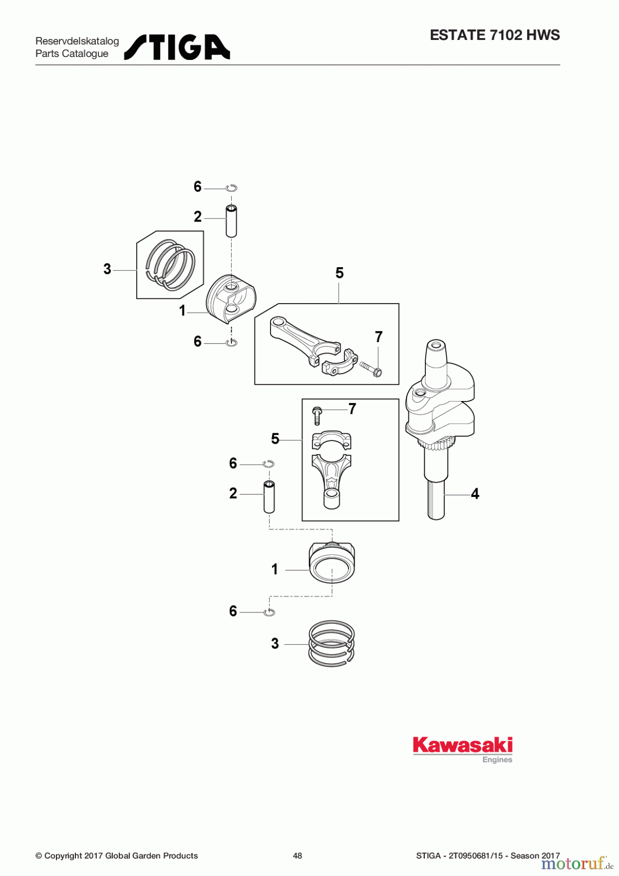  Stiga Rasentraktoren Estate, Tornado tractors 102 cm Sammelfunktion Baujahr 2017 ESTATE 7102 HWS 2T0950681/15 - Season 2017 Piston/Crankshaft