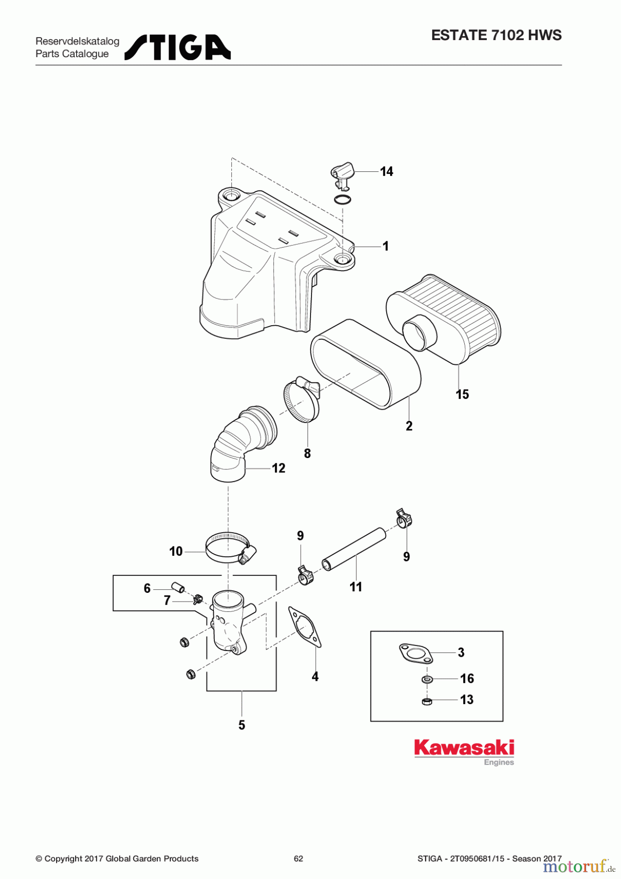  Stiga Aufsitzmäher Baujahr 2017 ESTATE 7102 HWS 2T0950681/15 - Season 2017 Air Filter/Muffler