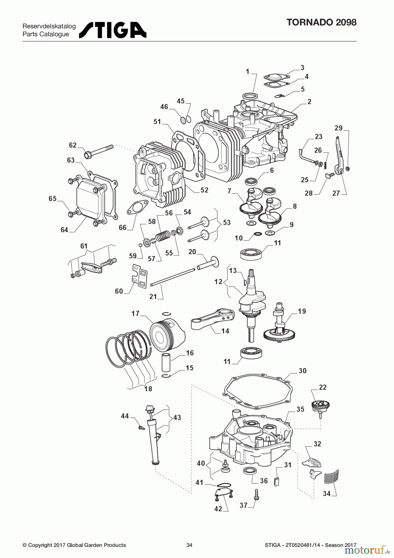  Stiga Aufsitzmäher Baujahr 2017 TORNADO 2098 2T0520481/14 - Season 2017 Engine - Piston, Crankshaft