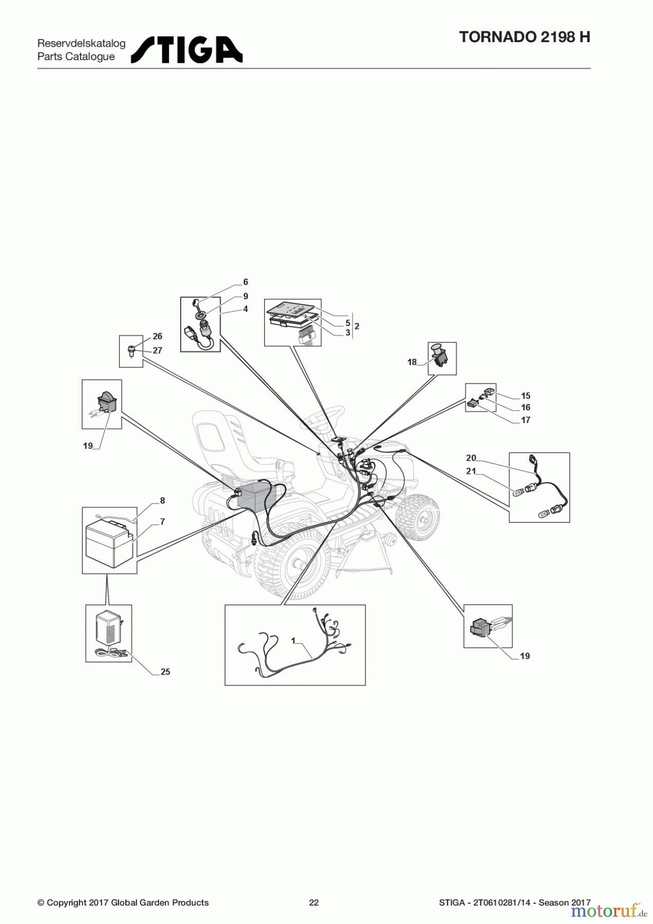  Stiga Aufsitzmäher Baujahr 2017 TORNADO 2198 H 2T0610281/14 - Season 2017 Electrical Parts