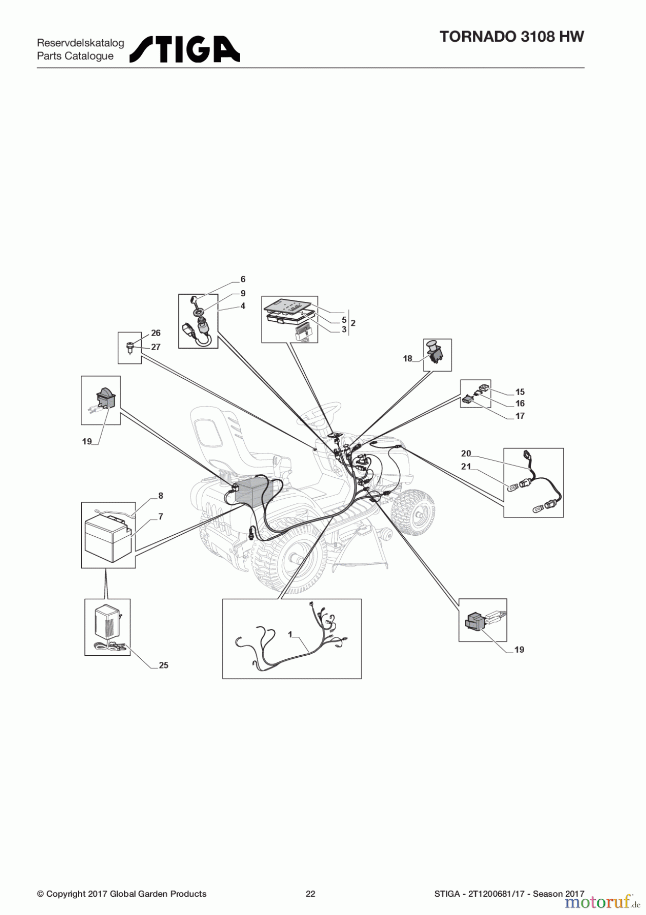  Stiga Rasentraktoren Estate, Tornado tractors 108cm Seitenauswurf Baujahr 2017 TORNADO 3108 HW 2T1200681/17 - Season 2017 Electrical Parts