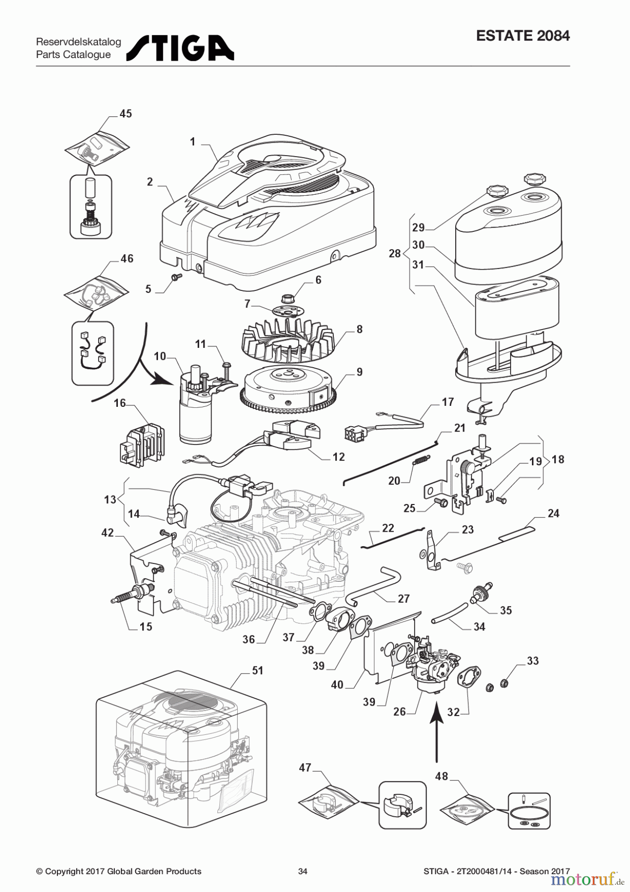  Stiga Rasentraktoren Estate, Tornado tractors 84 cm Sammelfunktion 2017 ESTATE 2084 2T2000481/14 - Season 2017 Engine - Carburettor, Air Cleaner Assy