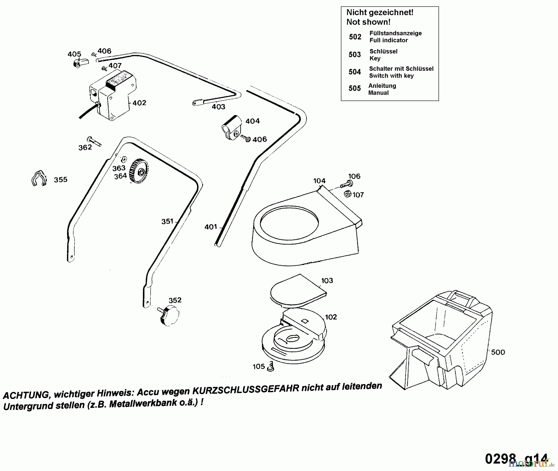  Wolf-Garten Battery mower 6.35 Accu 4934680 Series D  (1998) Grass box, Handle