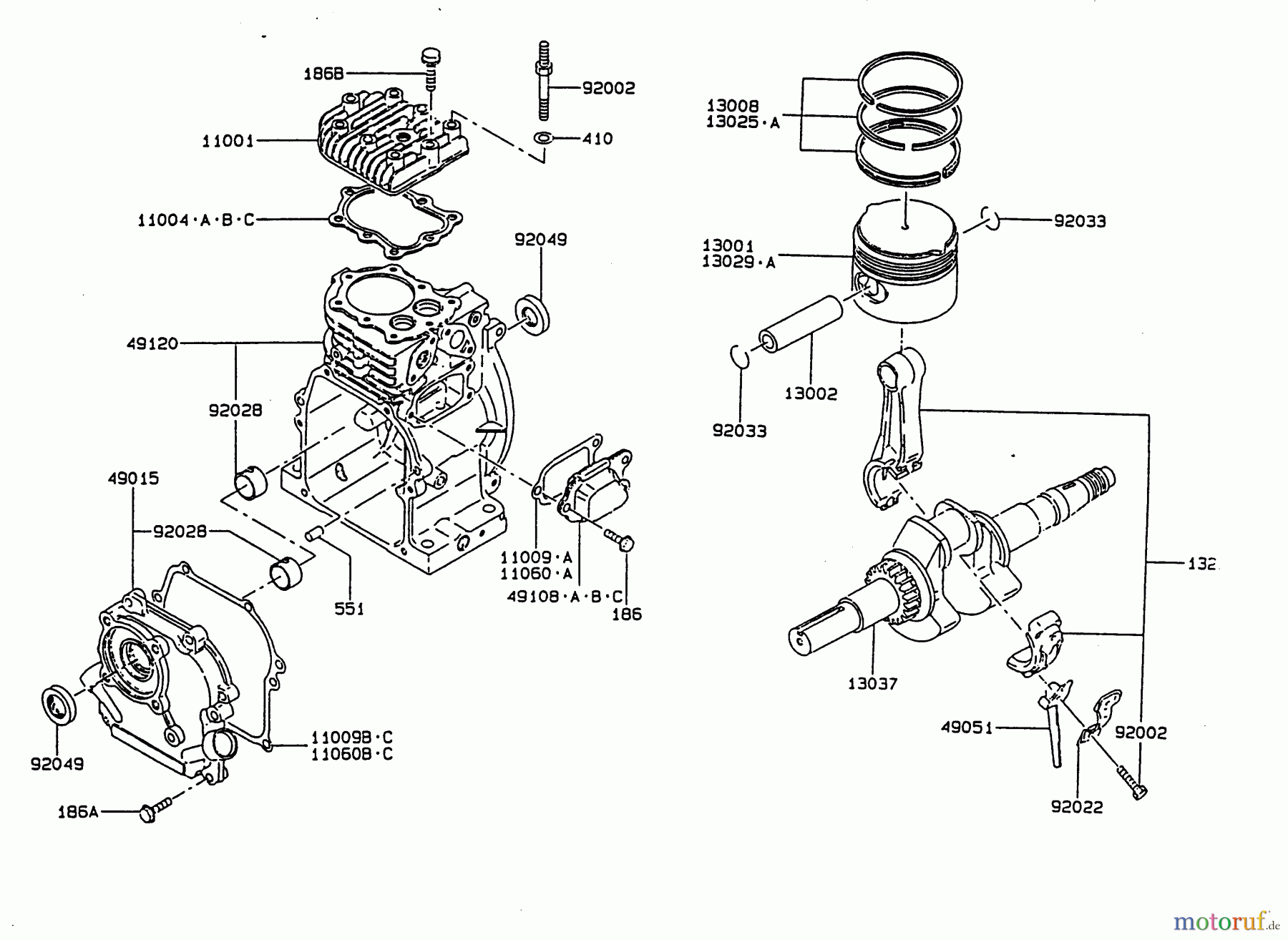  Wolf-Garten Petrol engines Kawasaki FA 76 2055000 Series B-D  (1996) Crankcase, Piston, Crankshaft, Crankcase cover, Connecting rod, Cylinder head