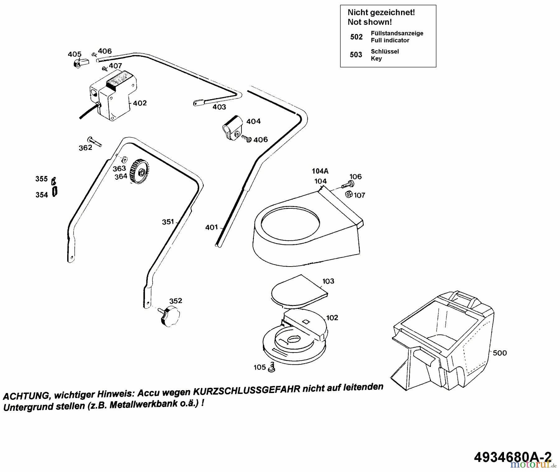  Wolf-Garten Battery mower 6.35 Accu 4934681 Series A  (1994) Grass box, Handle