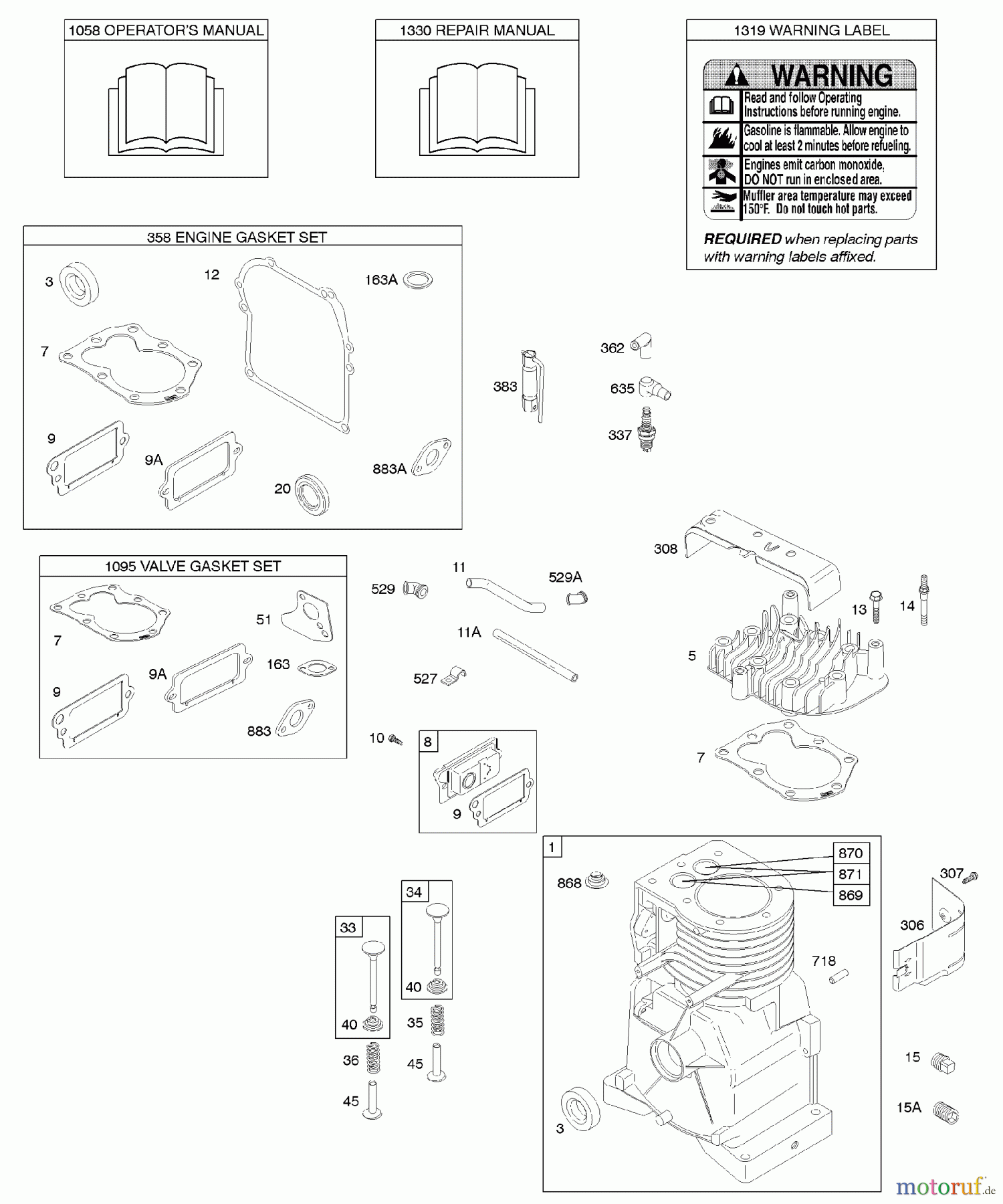  Viking Motoren B & S 09. . . 091212-1381-E1 D - Nockenwelle, Zylinder, Zylinderkopf, Dicht