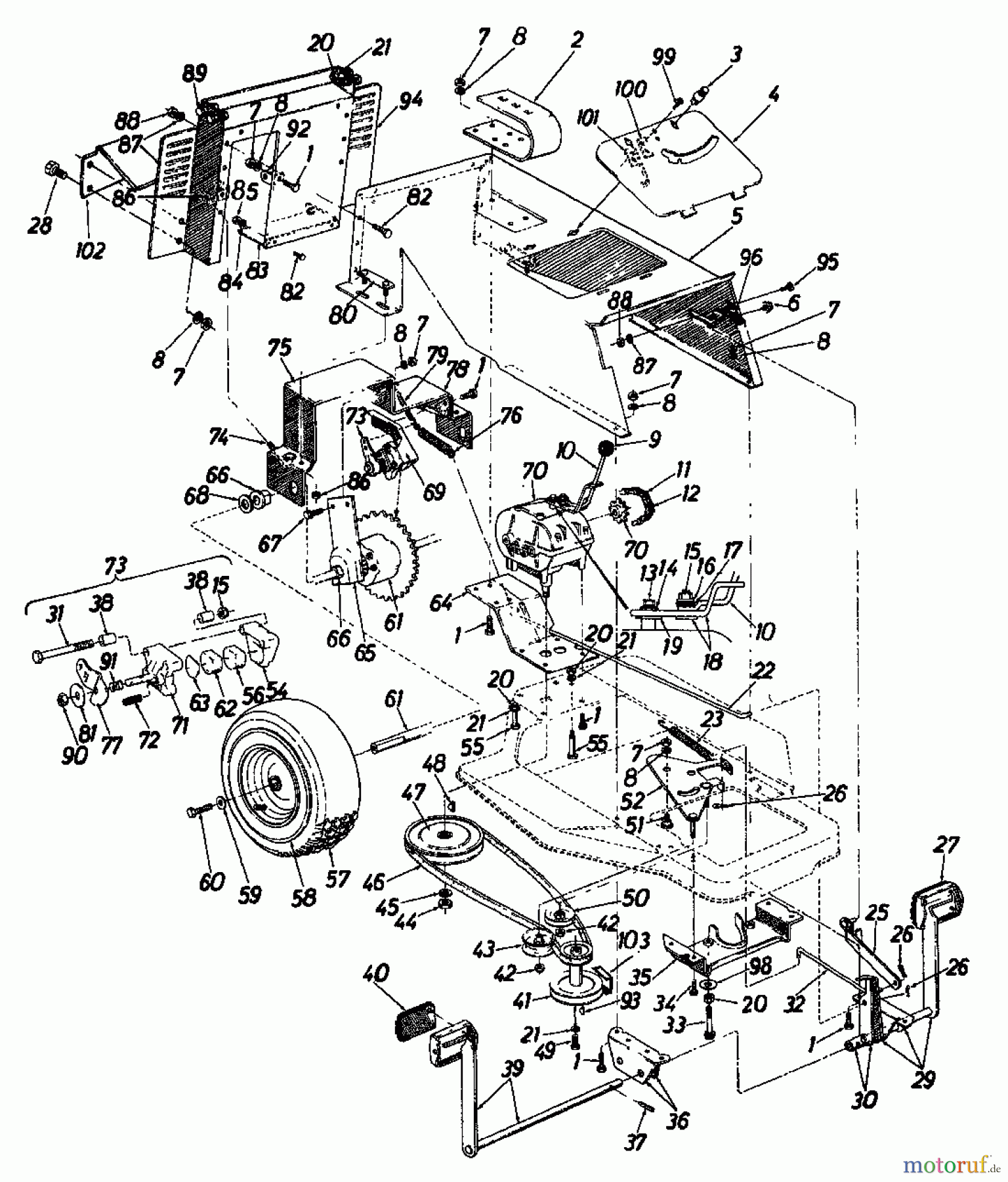  Columbia Lawn tractors RD 11/660 138-5240  (1988) Drive system, Engine pulley, Pedal, Rear wheels