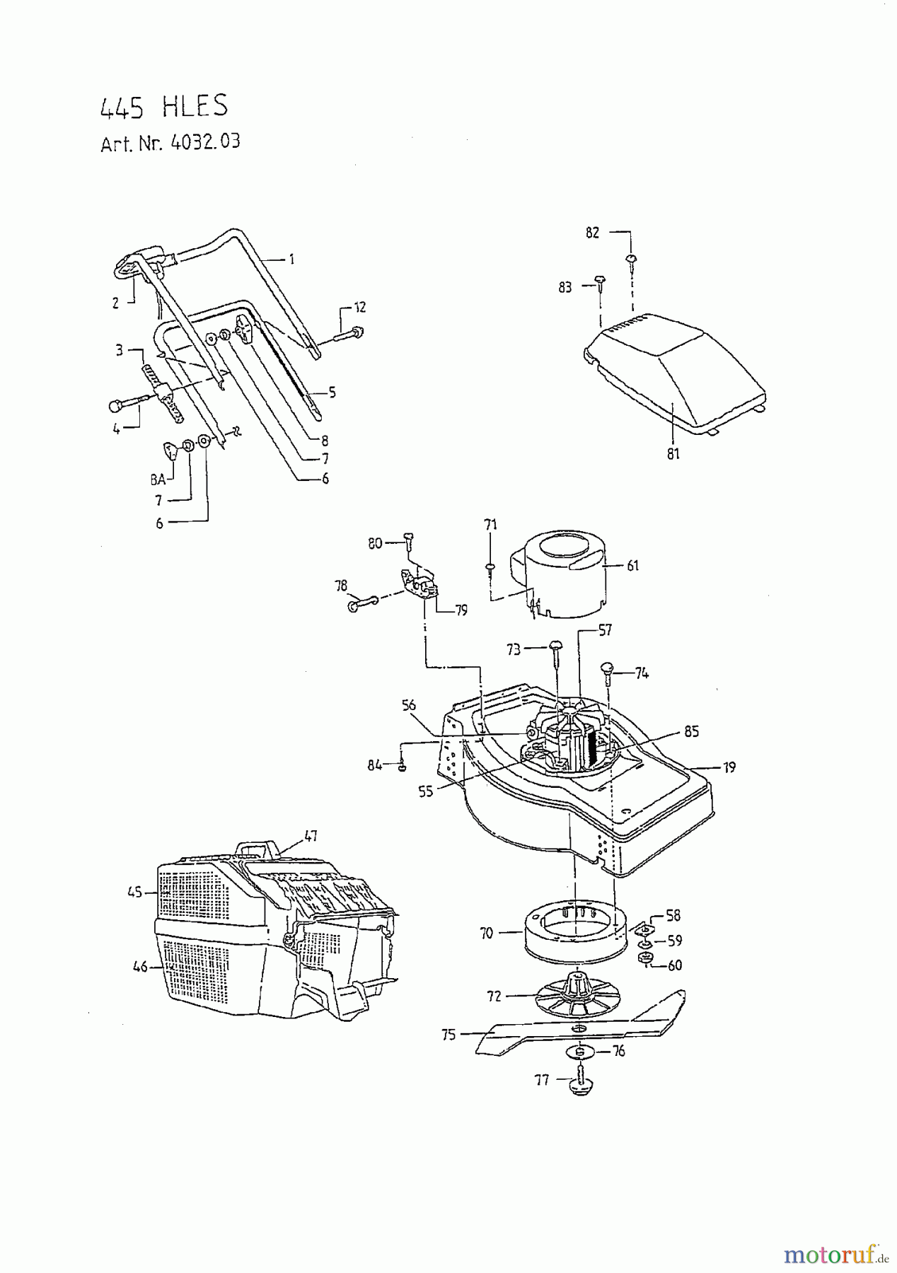  Golf Electric mower 445 HLES 04032.03  (1997) Electric motor, Gras box, Handle, Blade