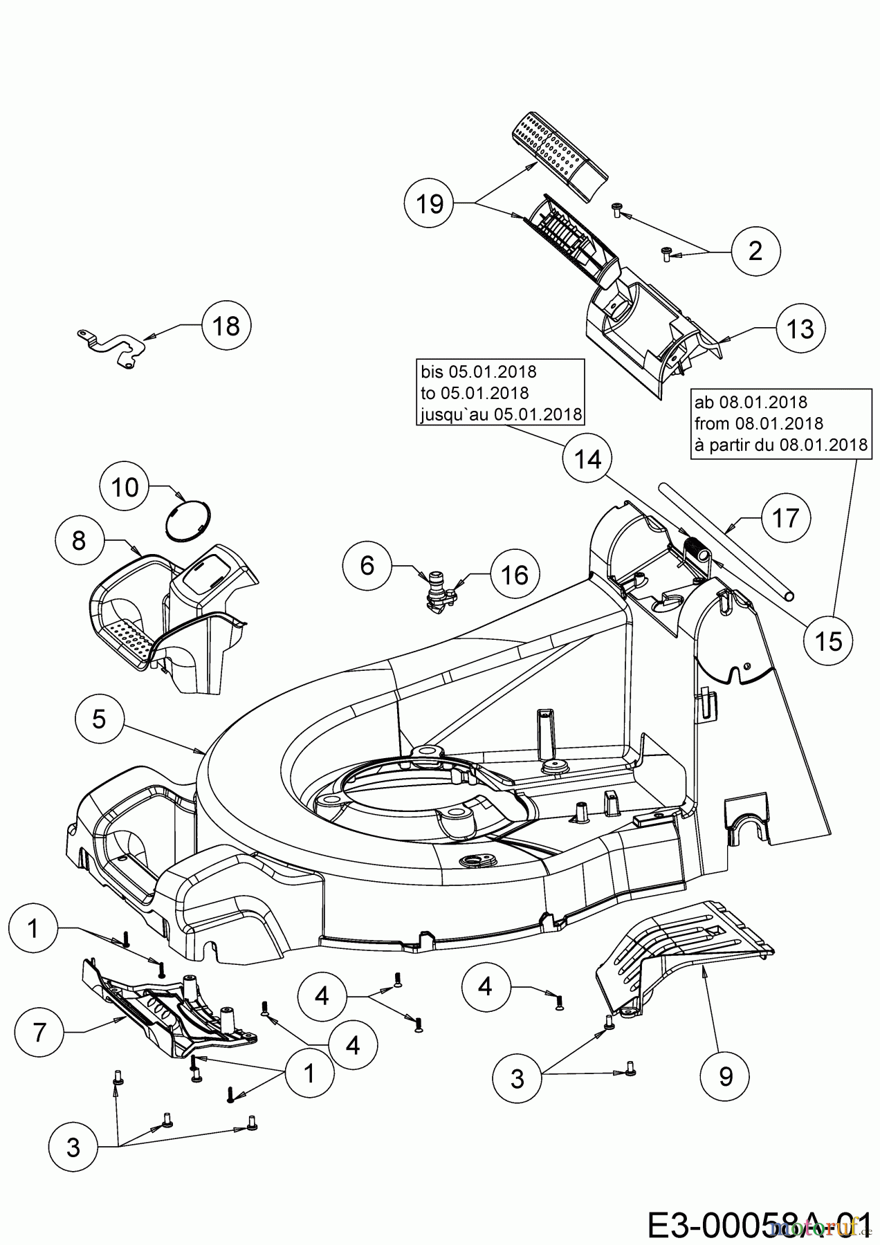  WOLF-Garten Expert Petrol mower self propelled Expert 53 B V 12AQZA7F650  (2018) Rear baffle, Deck housing, Rod for rear flap, Side cover panels