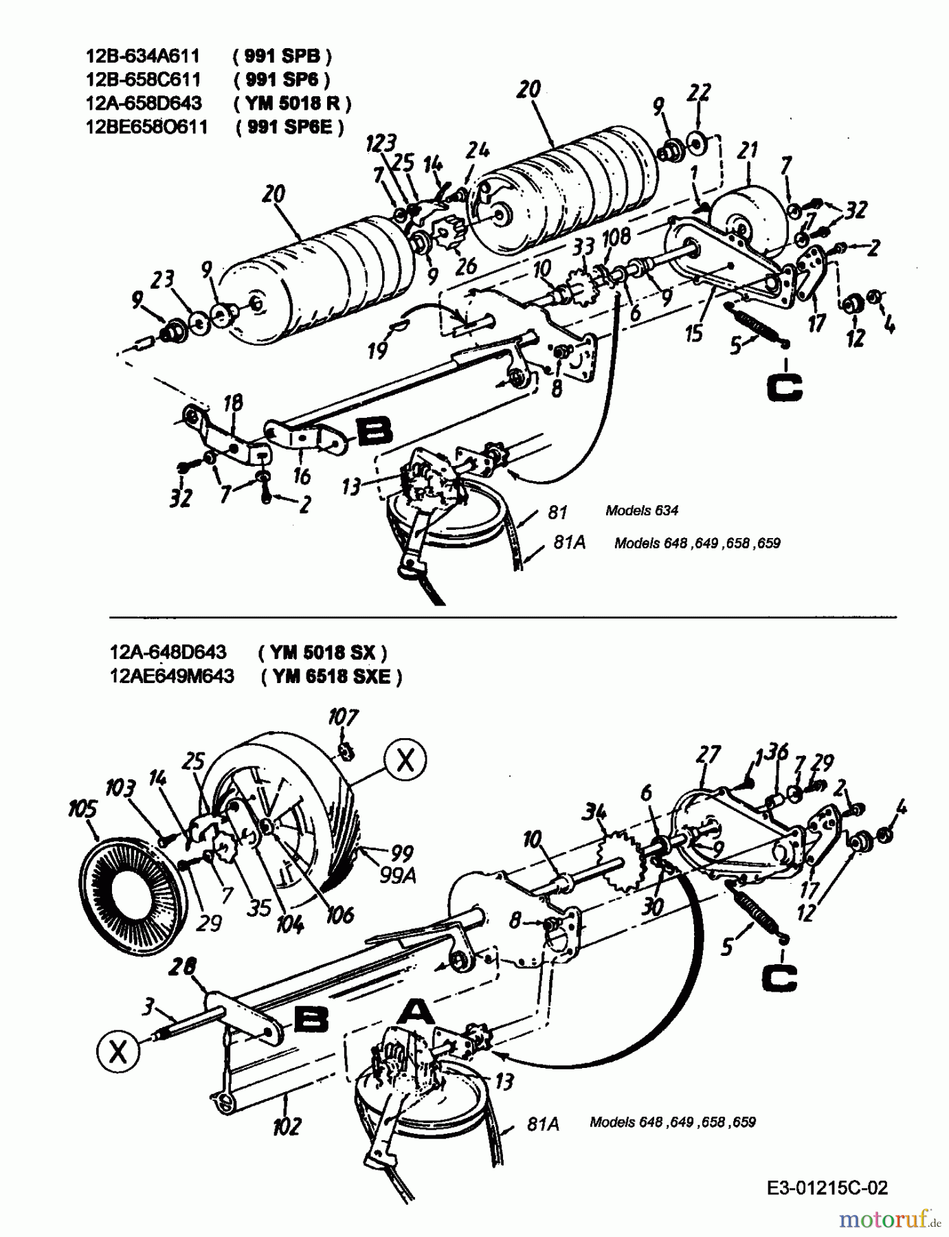  Lawnflite Petrol mower self propelled 991 SPB 12B-634A611  (2000) Gearbox, Rollers, Wheels
