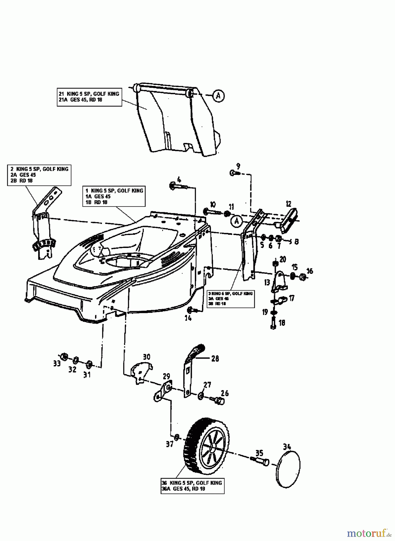  Golf Petrol mower self propelled KING 55 R (KING 5 SP) 12A-T08V648  (1999) Height adjustment, Wheels