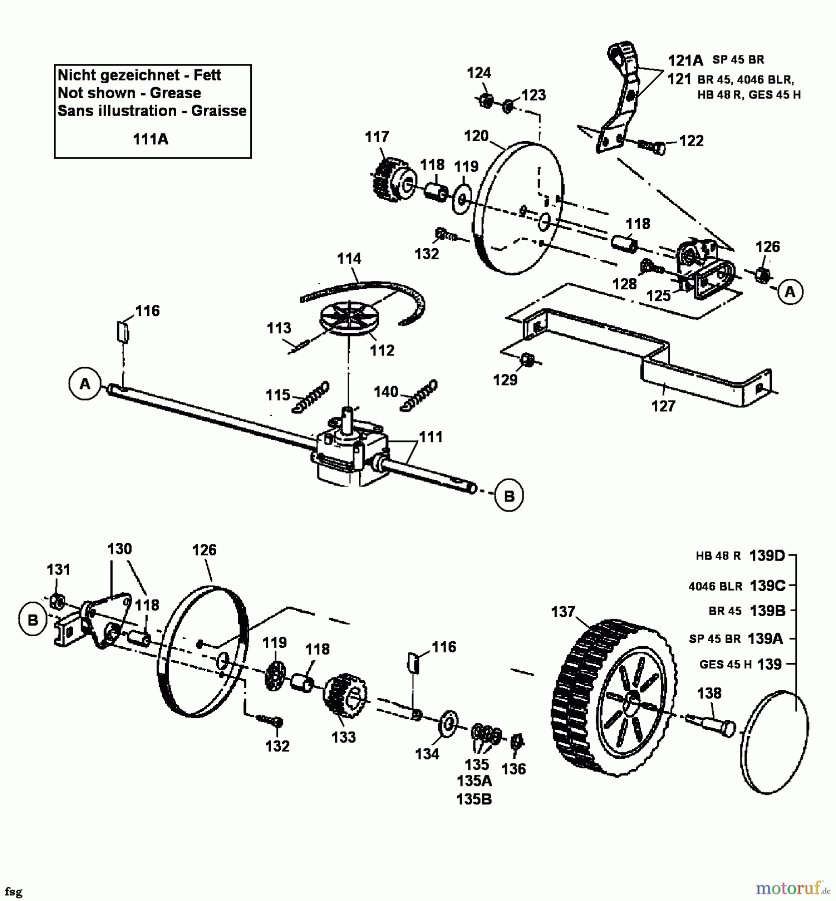  Raiffeisen Petrol mower self propelled BR 45 12A-T15Z628  (1999) Gearbox, Wheels