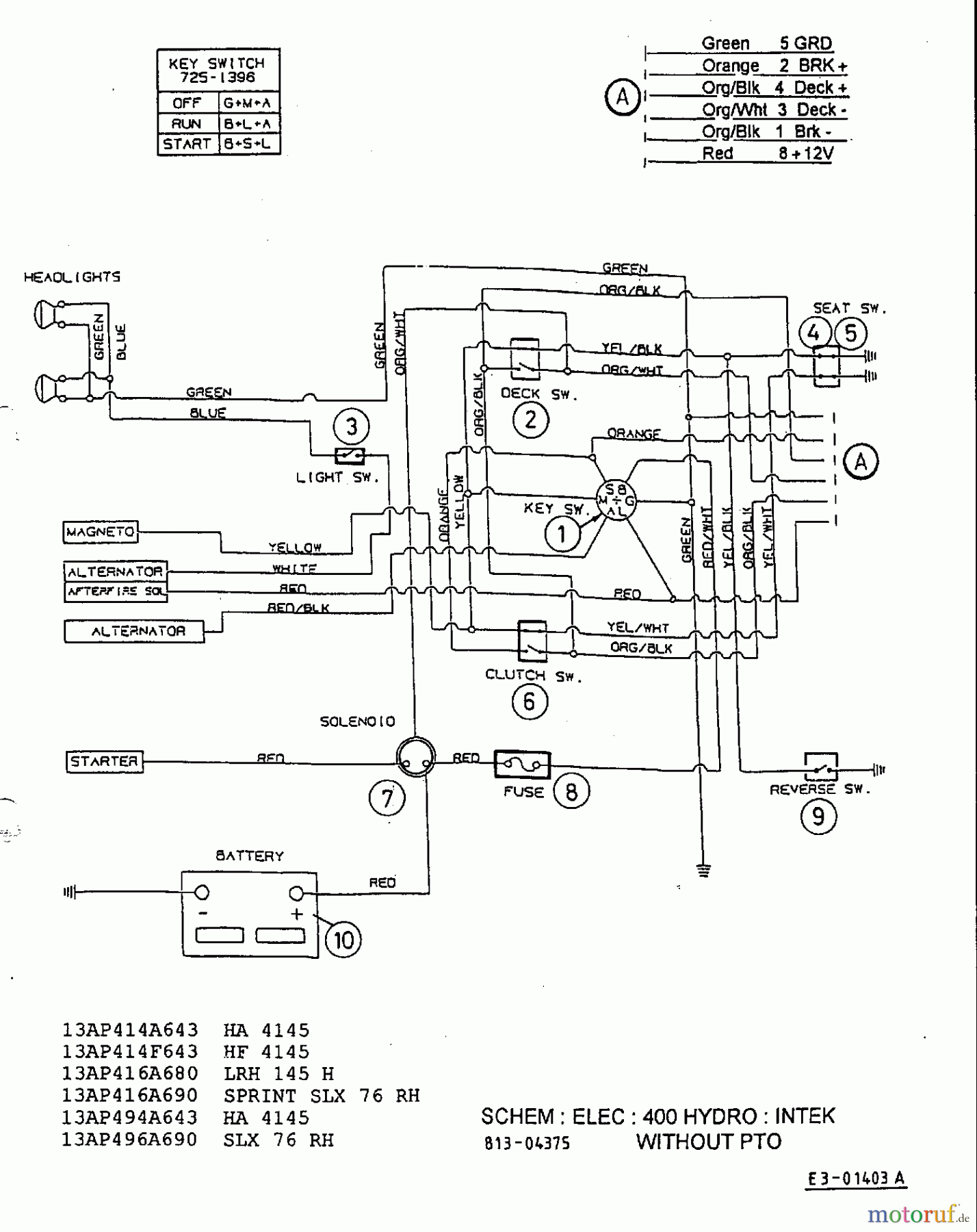  MTD untill 2011 Lawn tractors H 145 13AP418F678  (2003) Wiring diagram Intek without electric clutch