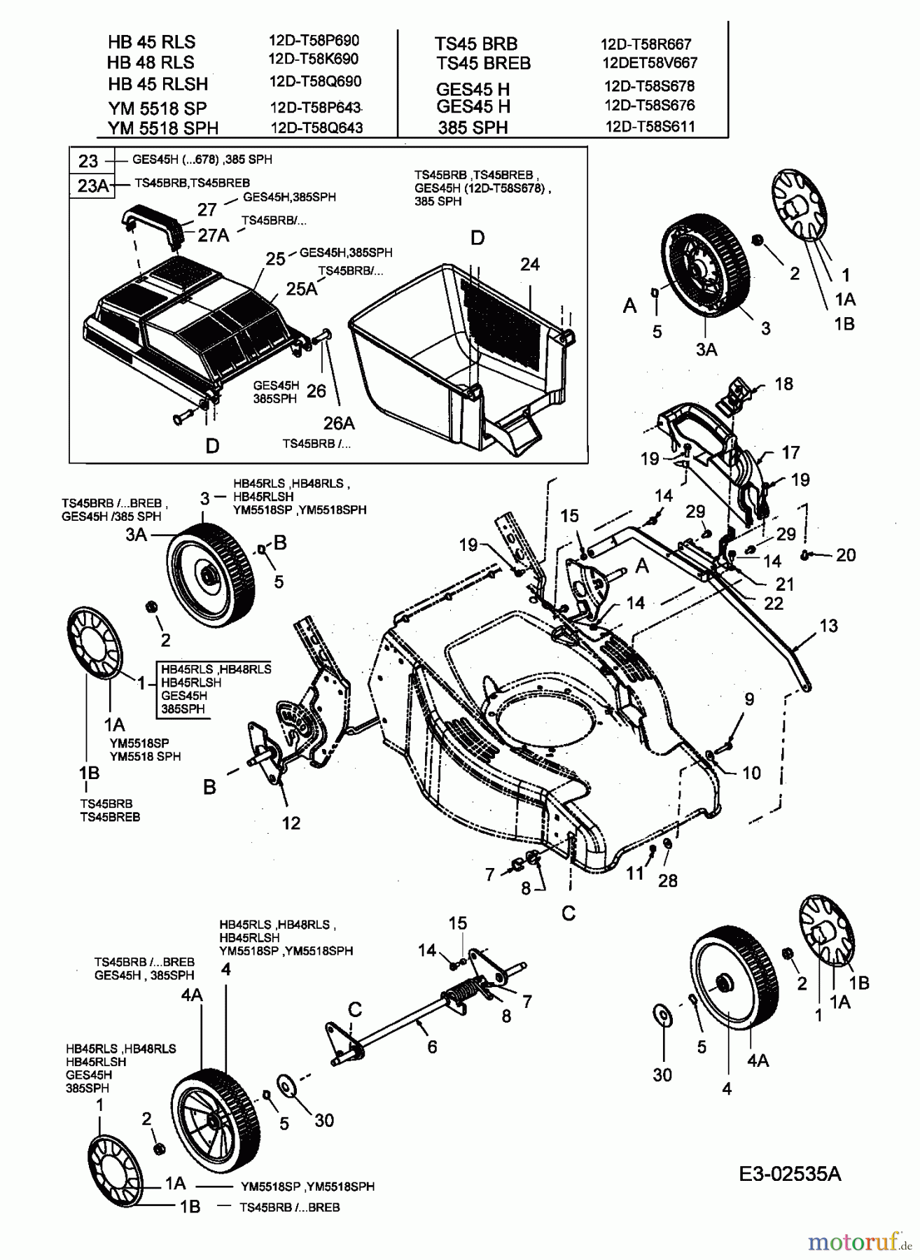  Turbo Silent Petrol mower self propelled TS 45 BR-B 12D-T58R667  (2005) Grass box, Wheels, Cutting hight adjustment