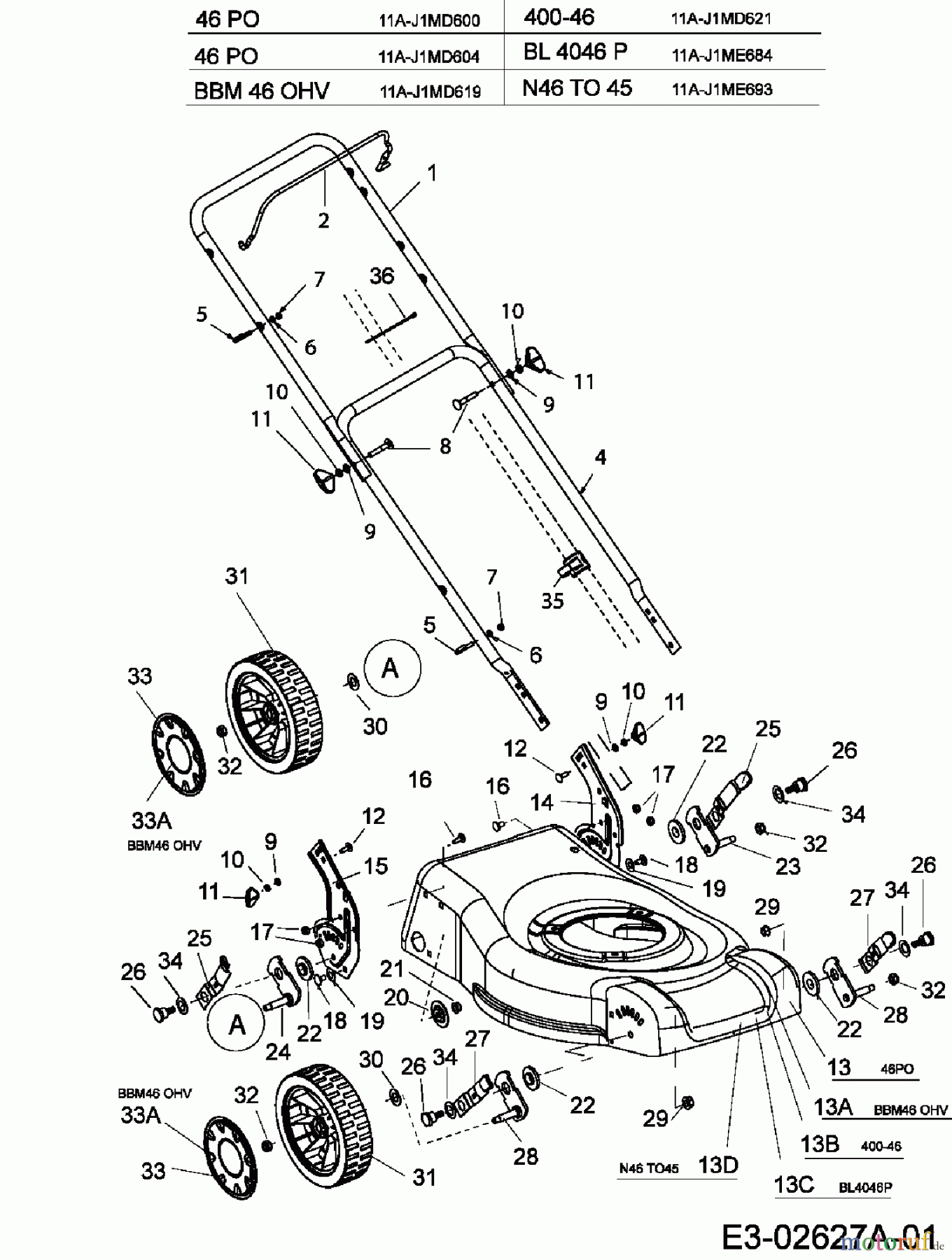  MTD Petrol mower 46 PO 11A-J1MD600  (2006) Handle, Wheels, Cutting hight adjustment