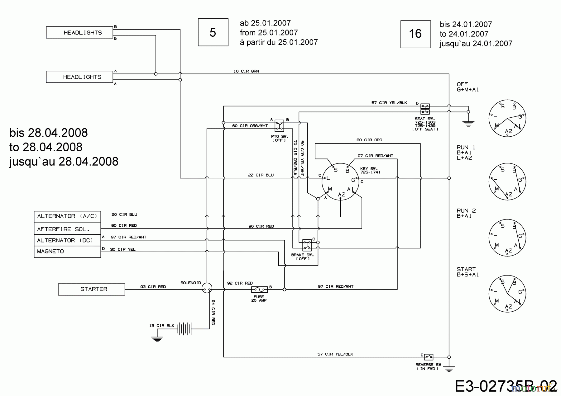  Bolens Lawn tractors BL 175/107 T 13AN771G684  (2008) Wiring diagram to 28.04.2008
