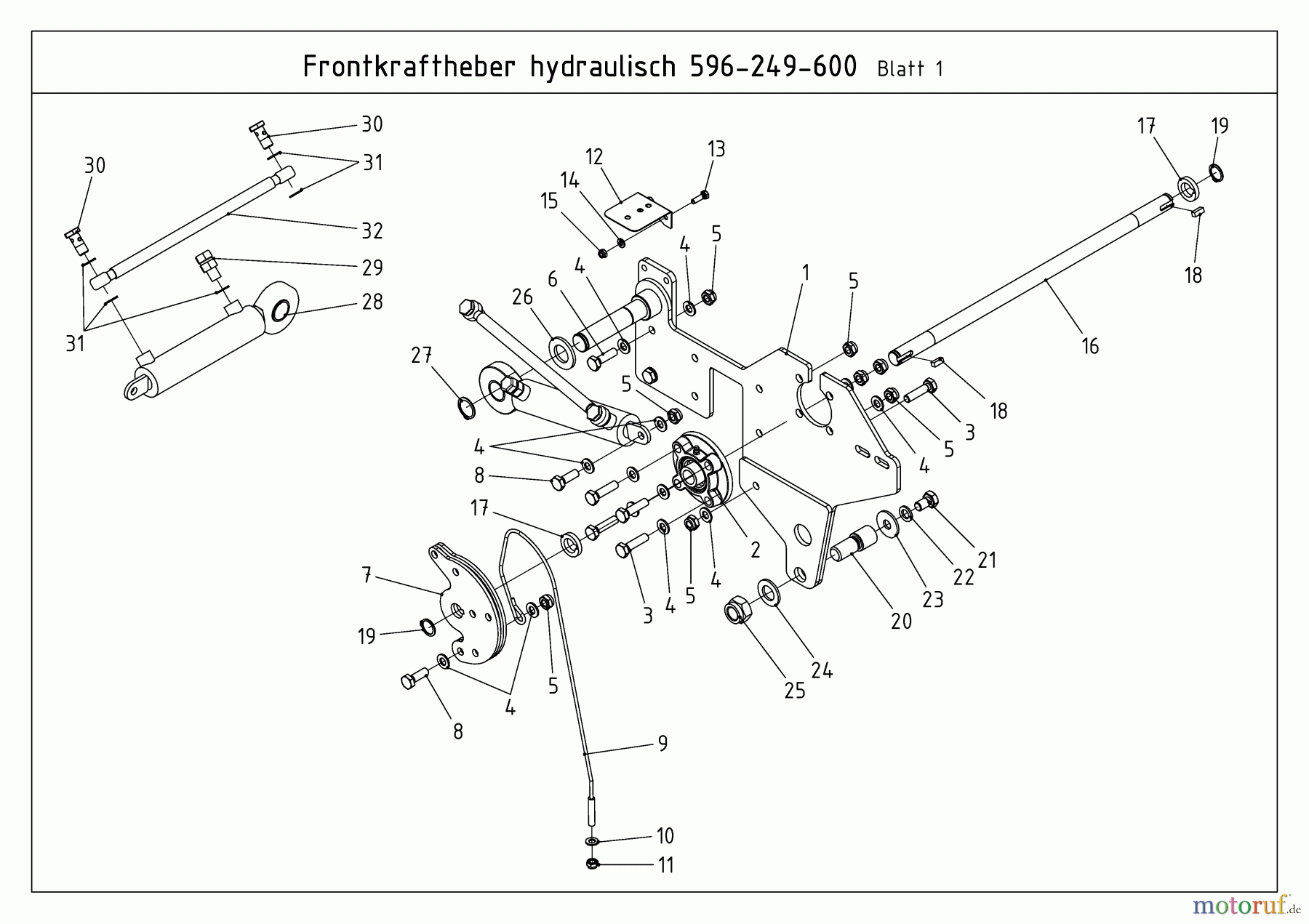  MTD Accessories Accessories compact tractors Front Triangle for CC 2000/3000 RD series, hydraulic (not CC 2250 RD) 596-249-600  (2010) Hydraulic cylinder, Bracket right hand, Deviating shaft