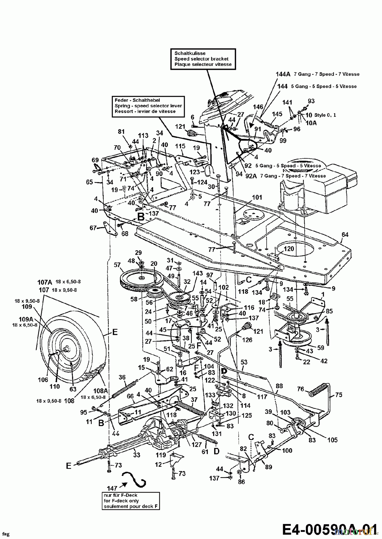  Bricobi Lawn tractors BA 125/760 13AE452C601  (1997) Drive system, Engine pulley, Pedal, Rear wheels