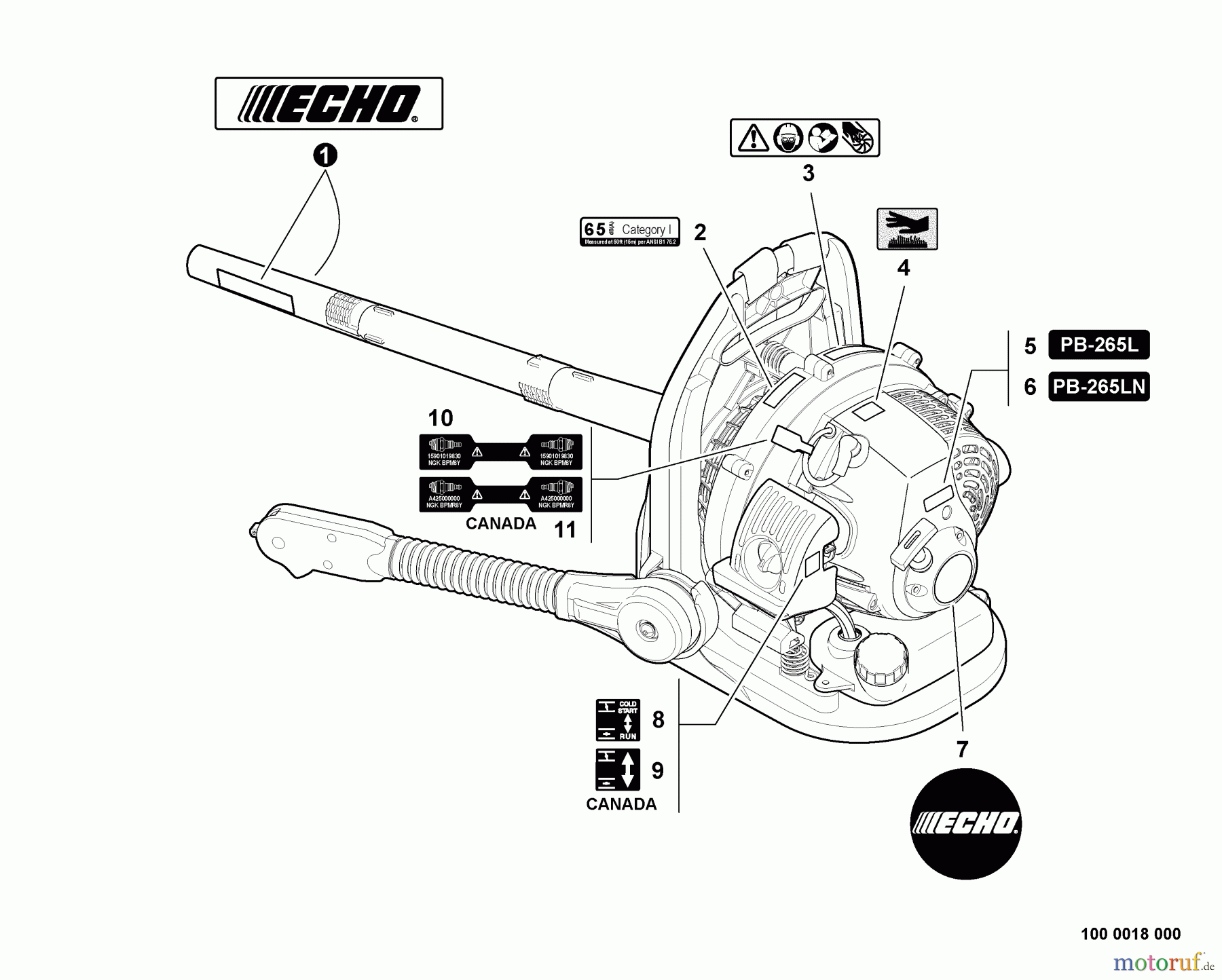  Echo Bläser / Sauger / Häcksler / Mulchgeräte	 PB-265L - Echo Back Pack Blower, S/N: 09001001 - 09999999 Labels