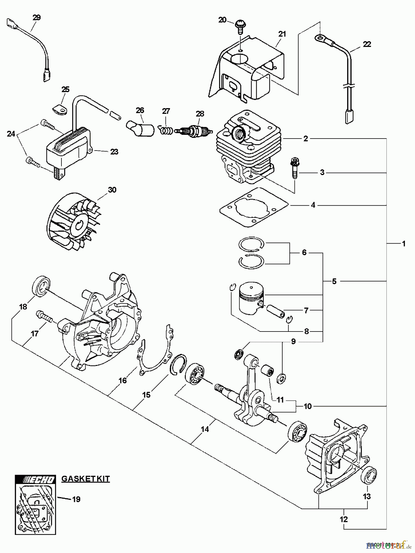  Echo Bläser / Sauger / Häcksler / Mulchgeräte	 ES-231 - Echo Shredder/Vacuum, S/N: 02001001 - 02999999 Engine, Short Block, Cylinder Cover, Ignition