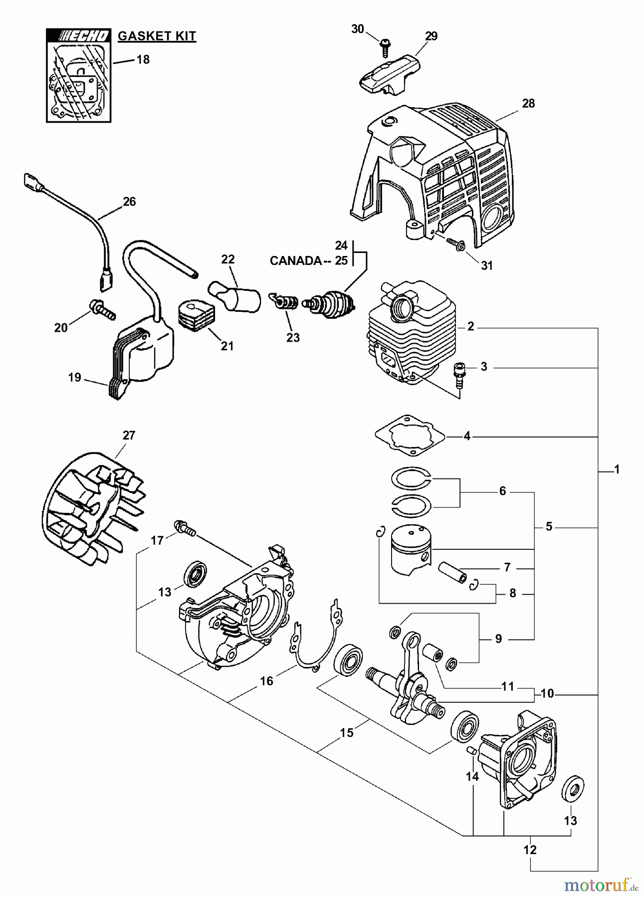  Echo Heckenscheren SHC-2400 - Echo Shaft Hedge Trimmer (Type 1) Engine, Short Block, Ignition, Cylinder Cover