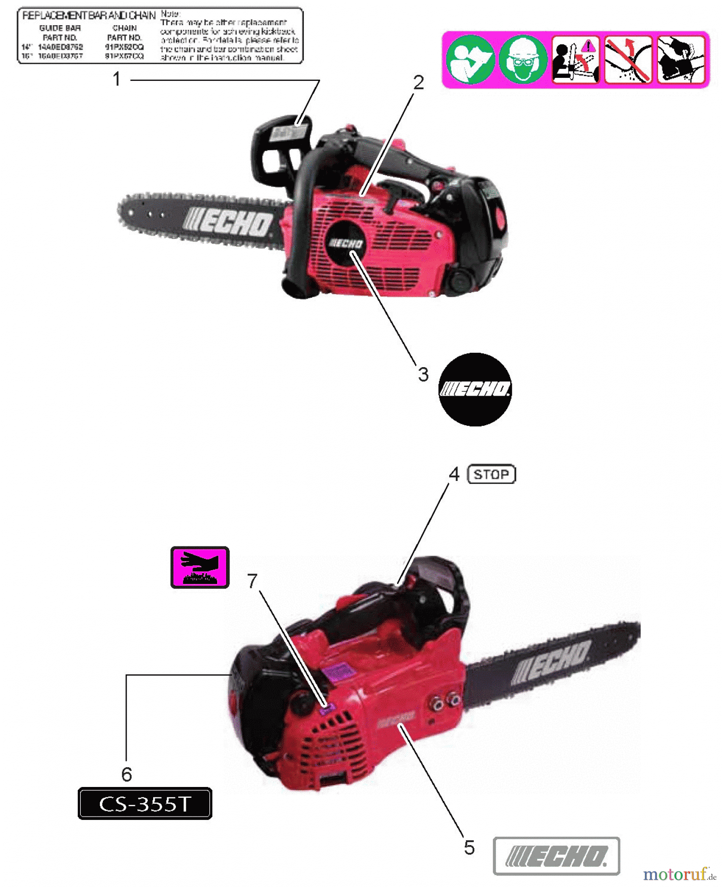  Echo Sägen, Kettensägen CS-355T - Echo Chainsaw,  Labels