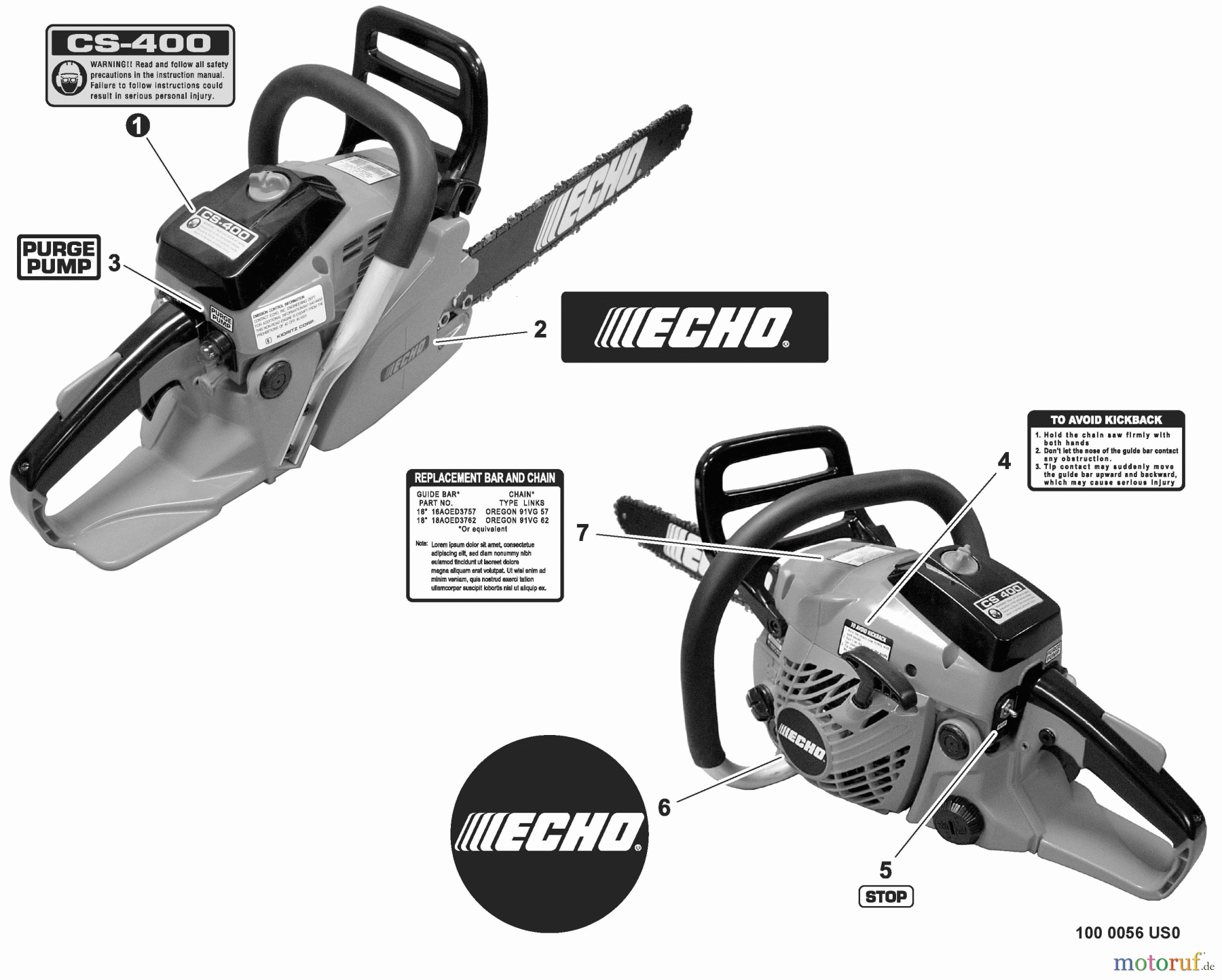  Echo Sägen, Kettensägen CS-400 - Echo Chainsaw, S/N: C09212001001 - C09212999999 Labels