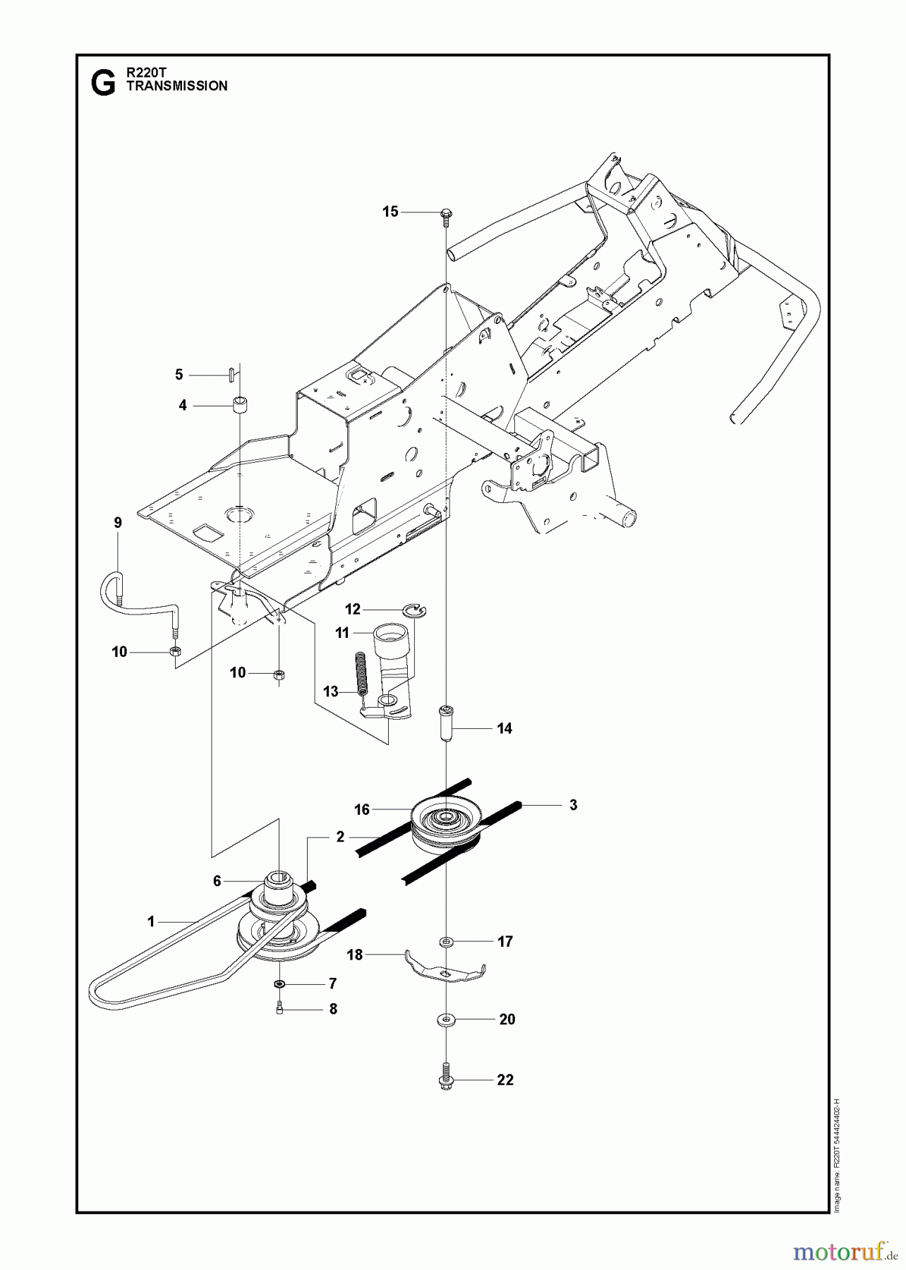  Husqvarna Reitermäher, Motor hinten Rider 220T (966785701) - Husqvarna Rear-Engine Rider (2012-03 & After) CHASSIS ENGINE PULLEYS