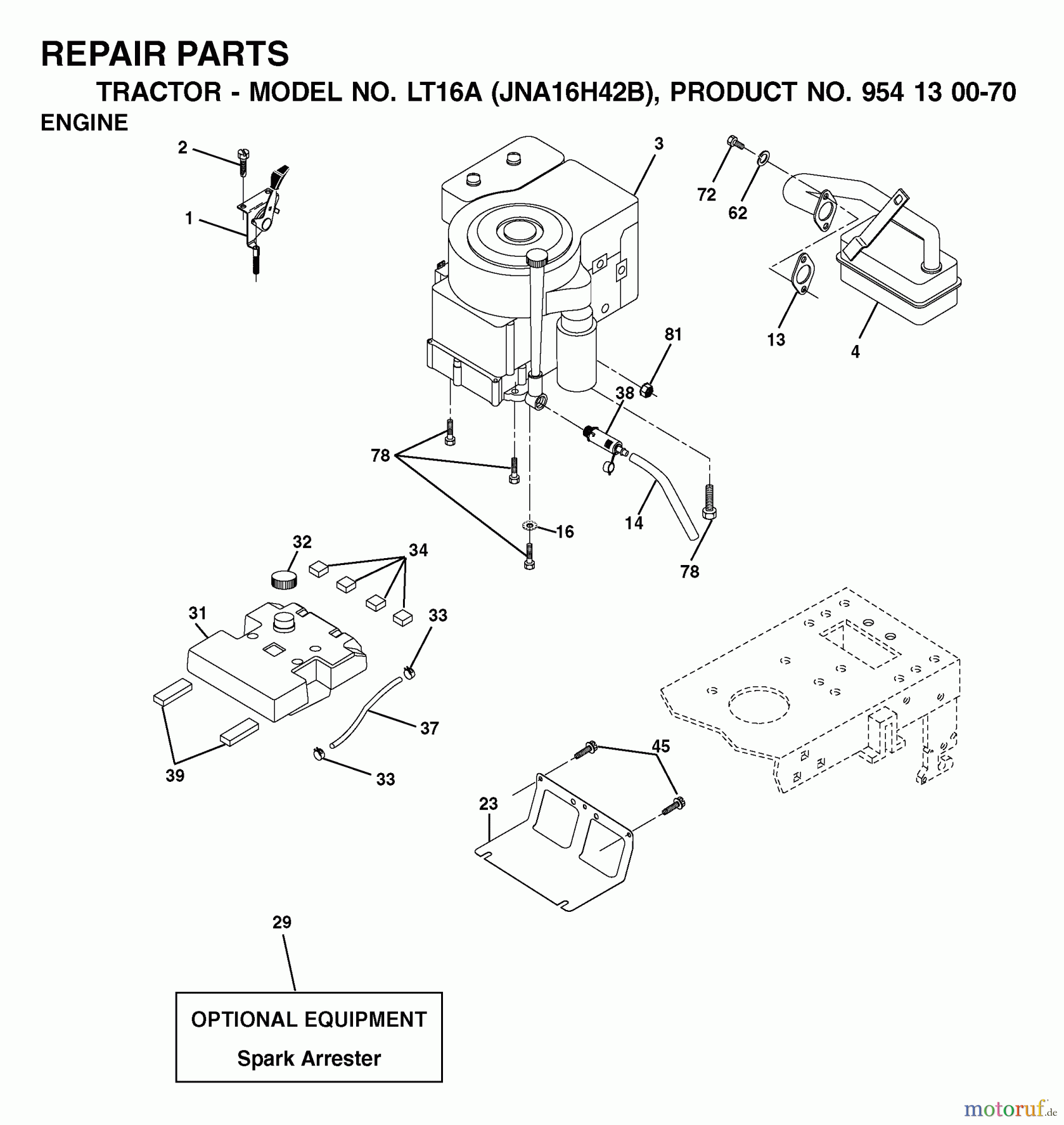  Jonsered Rasen  und Garten Traktoren LT16A (JNA16H42B, 954130070) - Jonsered Lawn & Garden Tractor (2003-01) ENGINE CUTTING EQUIPMENT