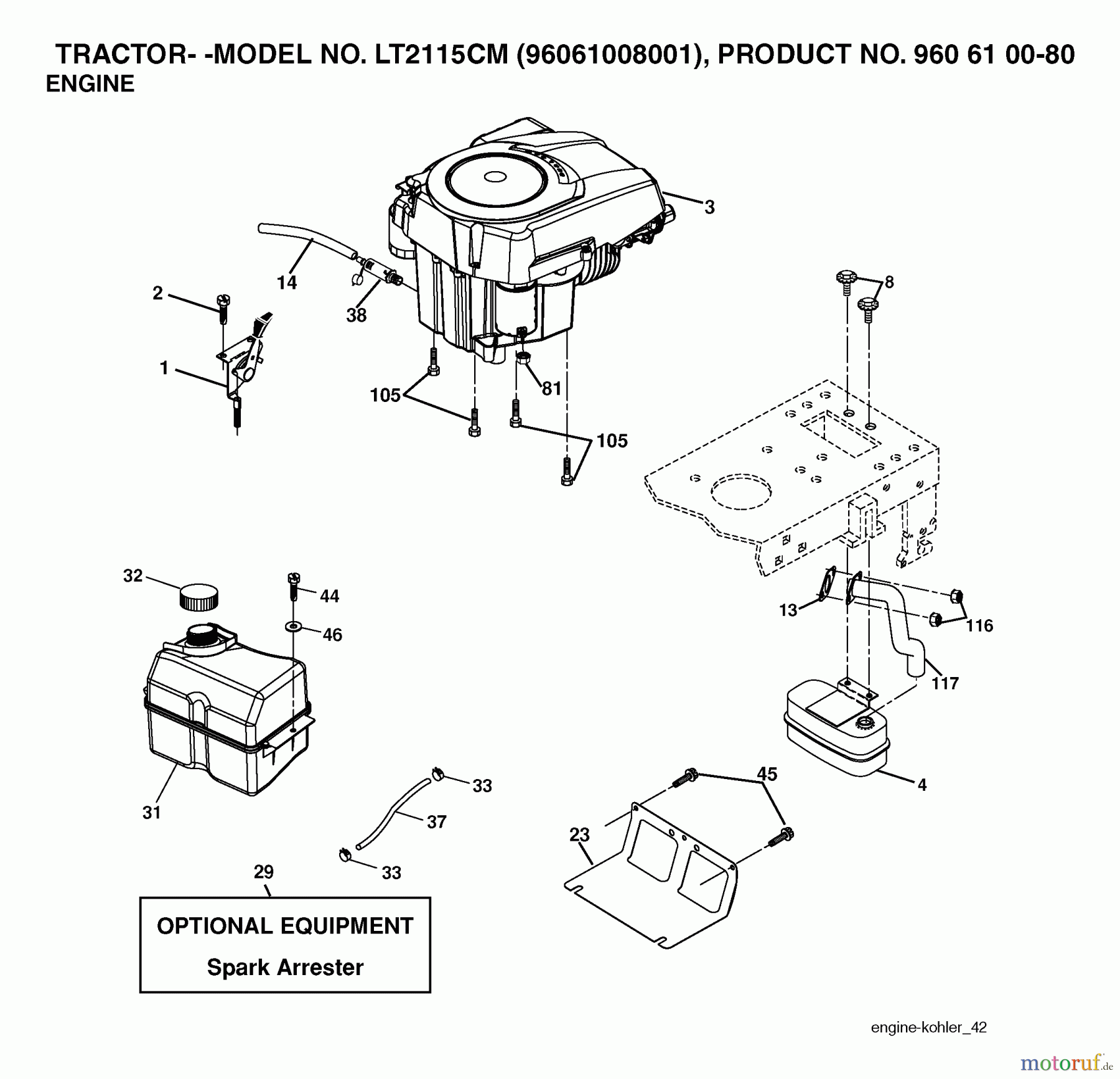  Jonsered Rasen  und Garten Traktoren LT2115 CM (96061008001) - Jonsered Lawn & Garden Tractor (2006-04) ENGINE CUTTING EQUIPMENT