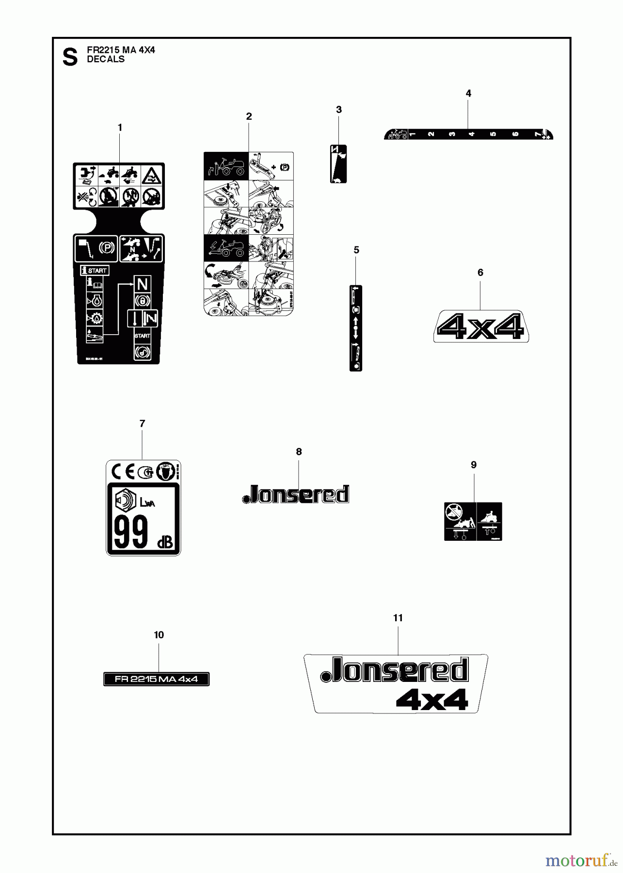  Jonsered Reitermäher FR2215 MA 4x4 (966773501) - Jonsered Rear-Engine Riding Mower (2012) DECALS