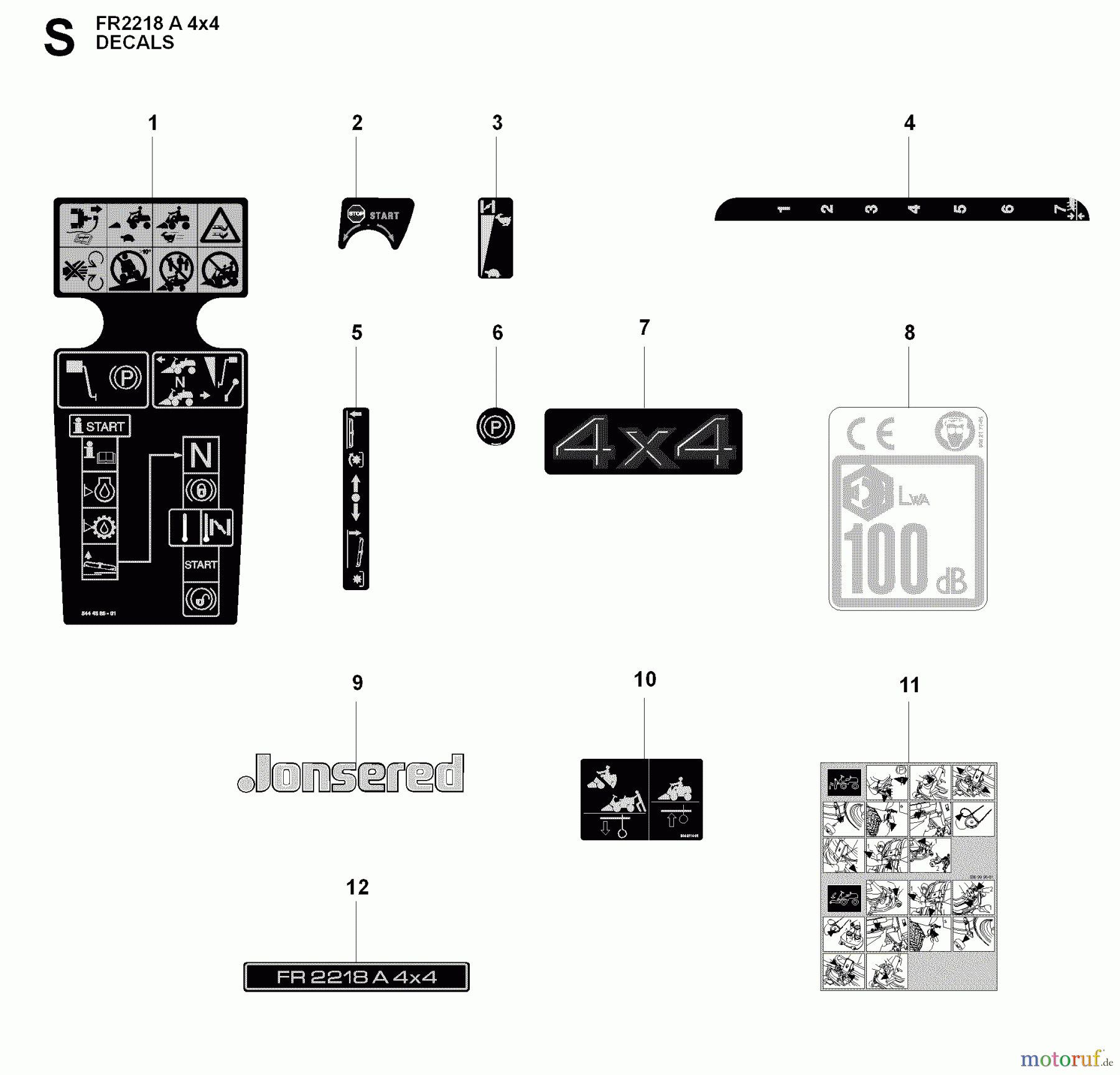  Jonsered Reitermäher FR2218 A 4X4 (966978601) - Jonsered Rear-Engine Riding Mower (2009-02) DECALS