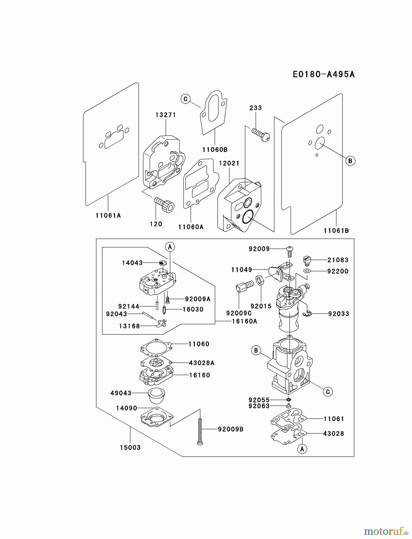  Kawasaki Geräte Bläser / Sauger / Häcksler / Zerkleinerer HG450A-AS00 (KRB450BC) - Kawasaki Backpack Blower CARBURETOR