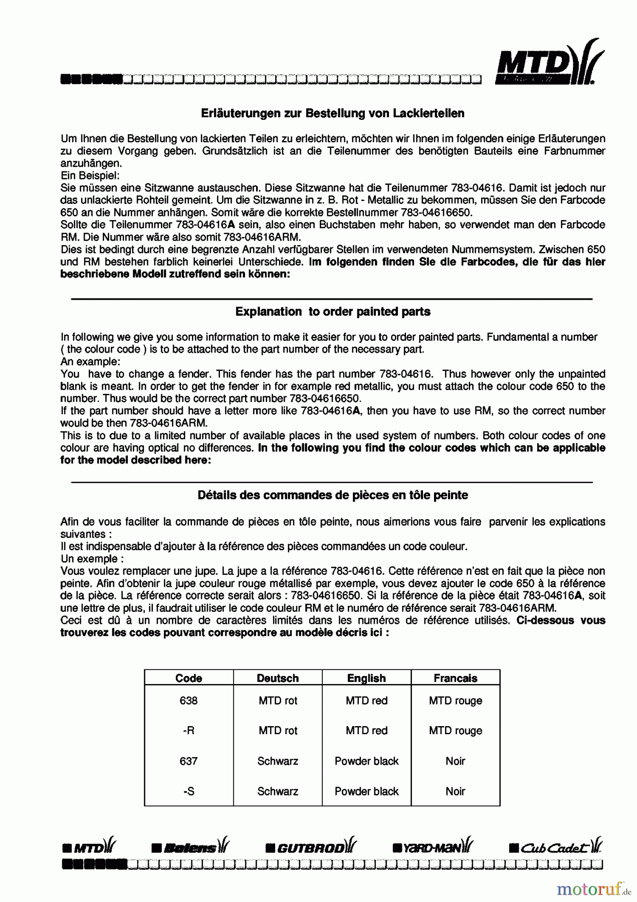  MTD untill 2011 Lawn tractors P 200 HN 13AT713N678  (2010) Color code information