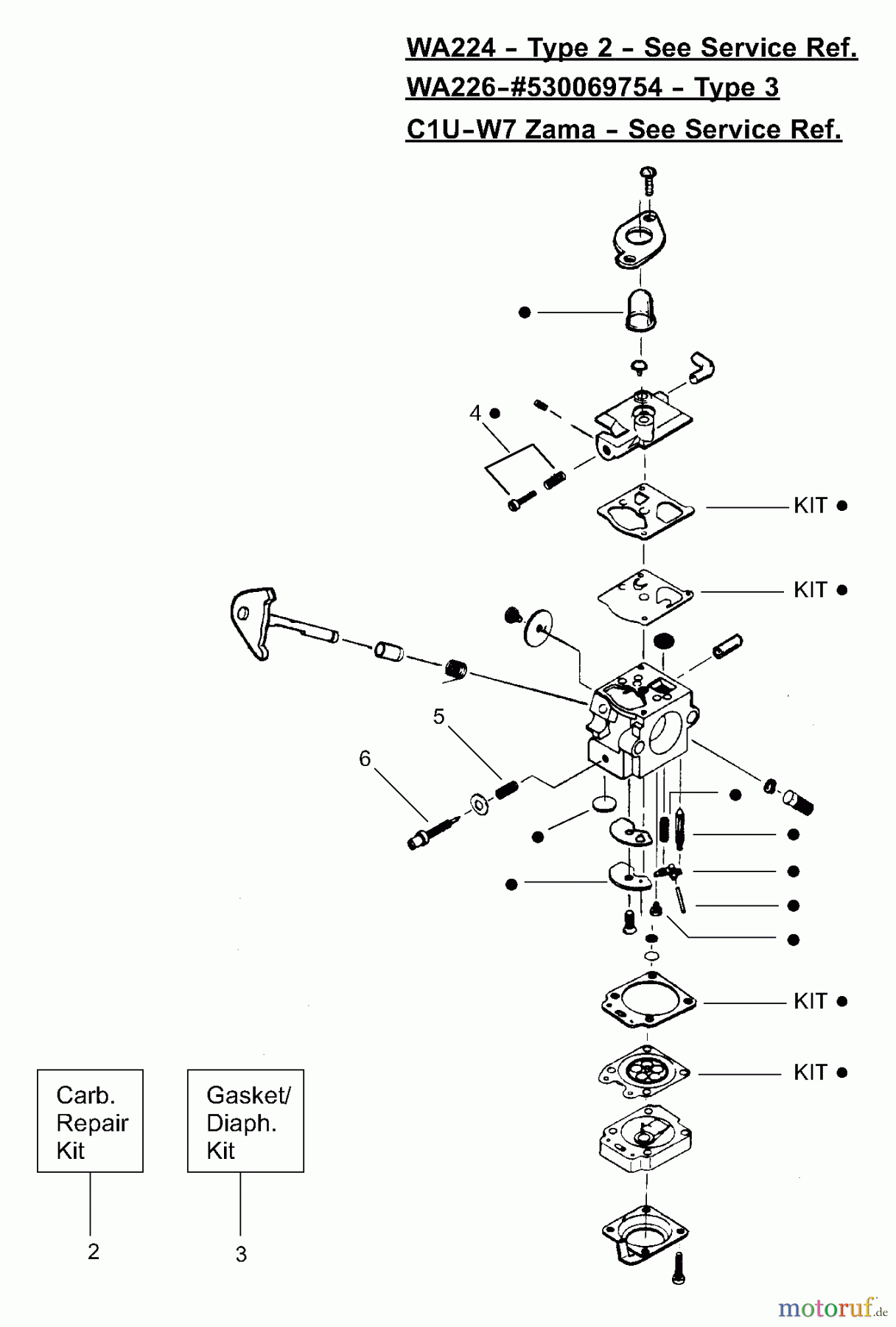  Poulan / Weed Eater Motorsensen, Trimmer FL21 - Weed Eater Featherlite String Trimmer Carburetor Assembly WA-224, C1U-W7 Zama, WA-226 - PN 530069754