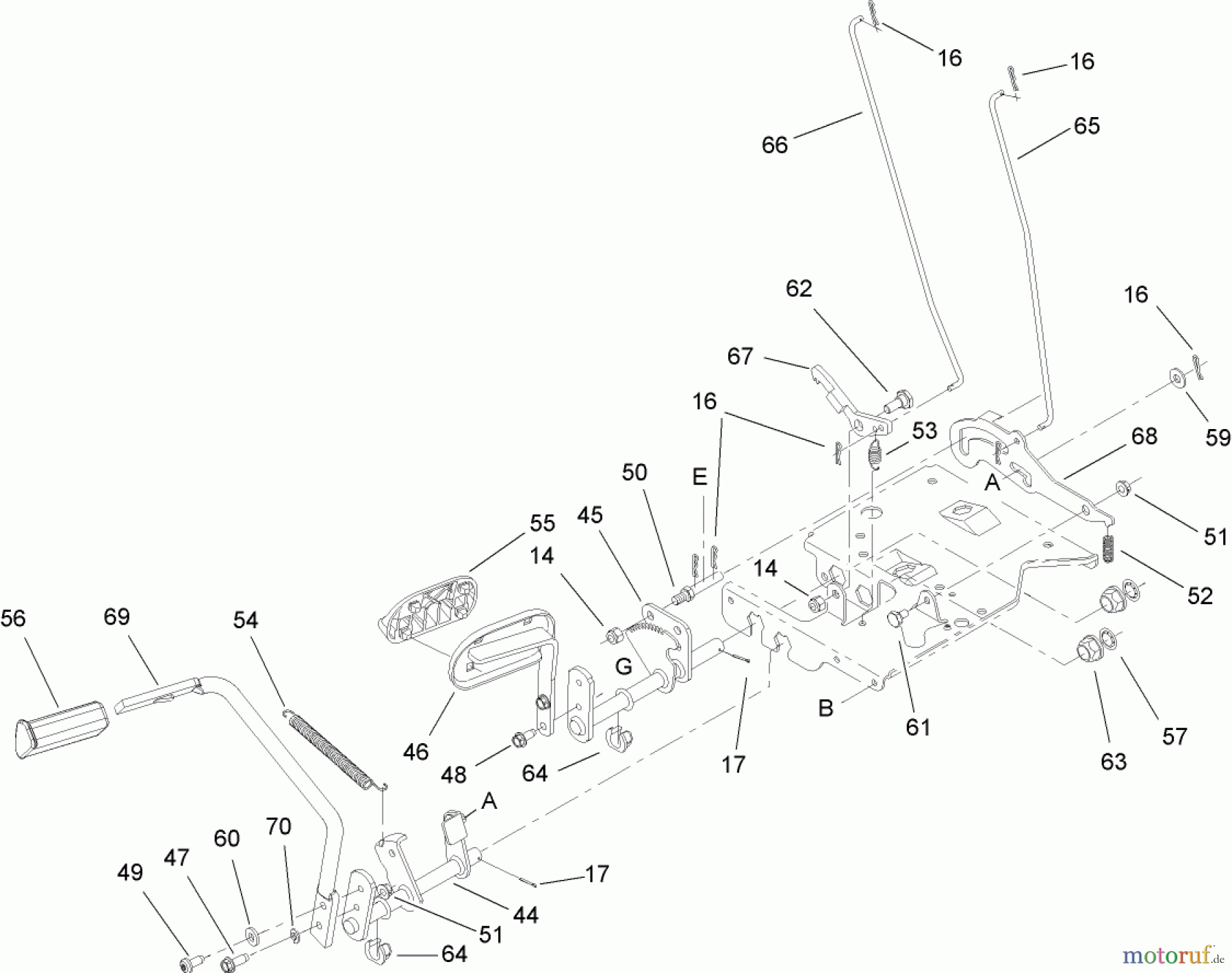  Toro Neu Mowers, Lawn & Garden Tractor Seite 1 13AP60RP744 (LX500) - Toro LX500 Lawn Tractor, 2006 (1A096B50000-) BRAKE AND TRACTION PEDAL ASSEMBLY