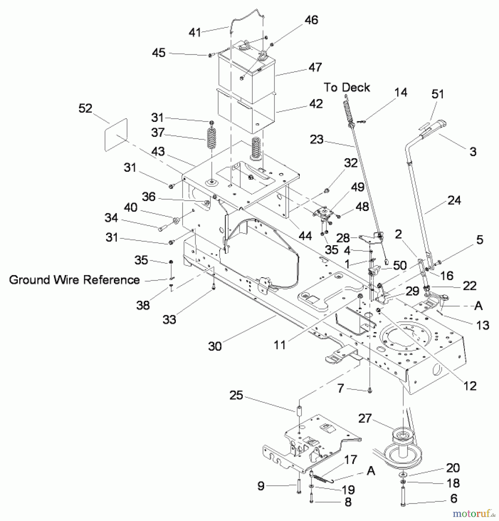  Toro Neu Mowers, Lawn & Garden Tractor Seite 1 13AT61RH048 (LX466) - Toro LX466 Lawn Tractor, 2008 (SN 1L137H10100-) FRAME, BATTERY AND MANUAL PTO ASSEMBLY