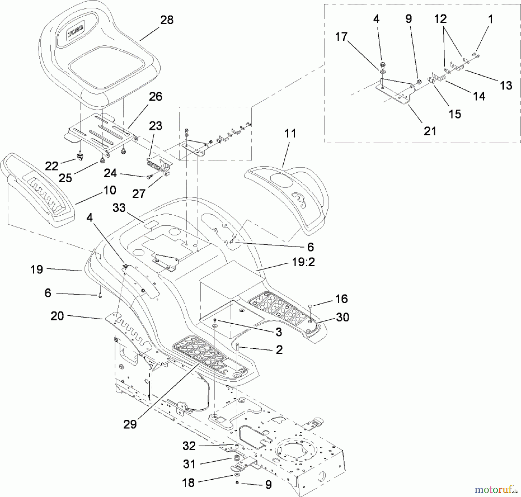  Toro Neu Mowers, Lawn & Garden Tractor Seite 1 13AX60RG544 (LX420) - Toro LX420 Lawn Tractor, 2006 (1L215B10000-) SEAT AND FENDER ASSEMBLY