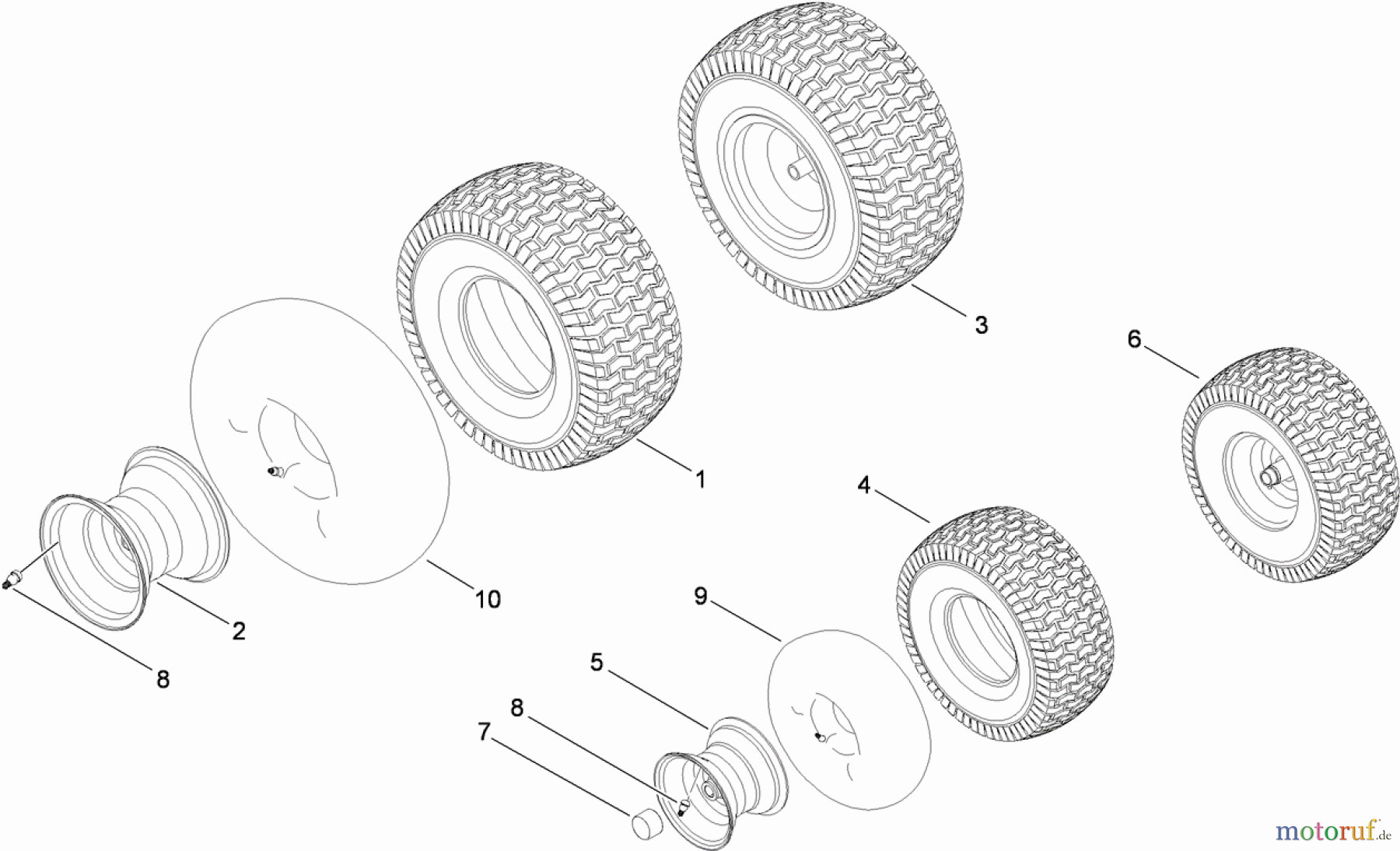  Toro Neu Mowers, Lawn & Garden Tractor Seite 1 13AX60RG848 (LX423) - Toro LX423 Lawn Tractor, 2009 (1-1) FRONT AND REAR WHEEL ASSEMBLY