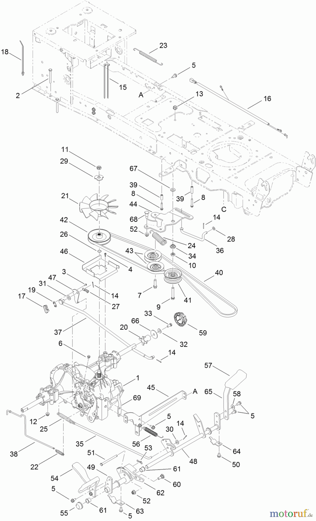  Toro Neu Mowers, Lawn & Garden Tractor Seite 1 13AX91RS848 (LX427) - Toro LX427 Lawn Tractor, 2011 (1-1) TRANSMISSION, BELT AND DRIVE ASSEMBLY